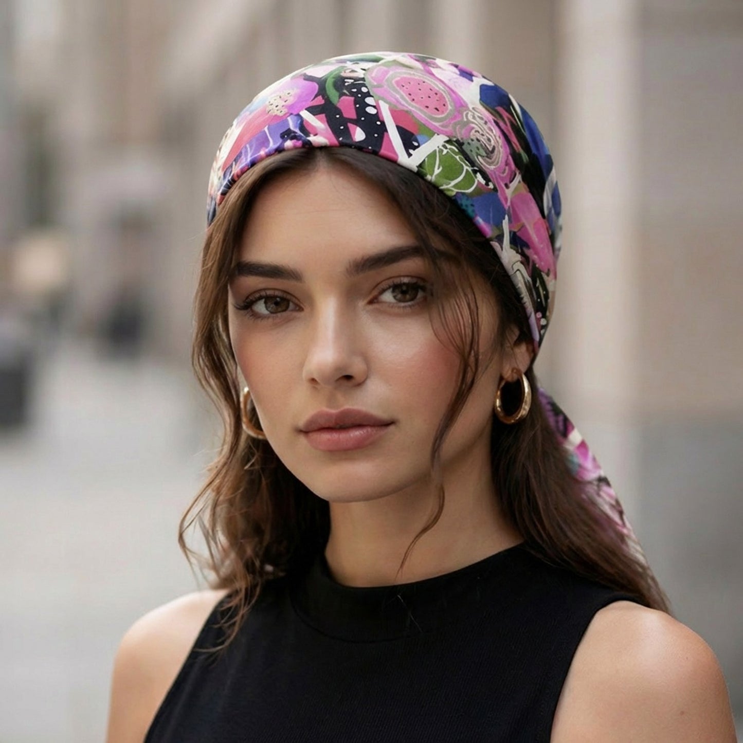 Foulard carré toucher soie Fresque Florale 70x70cm