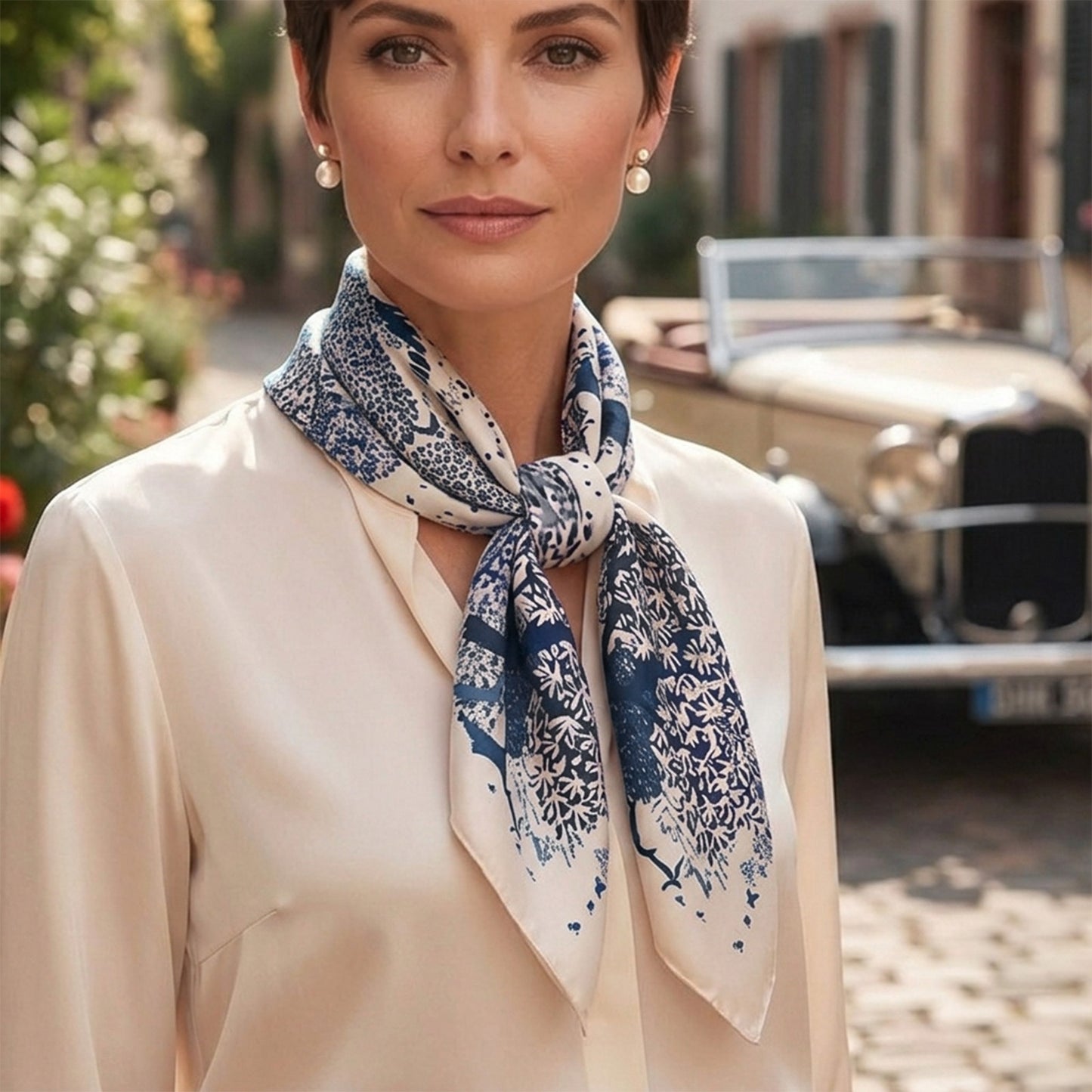 Foulard carré toucher soie Nuances Indigo 70x70cm