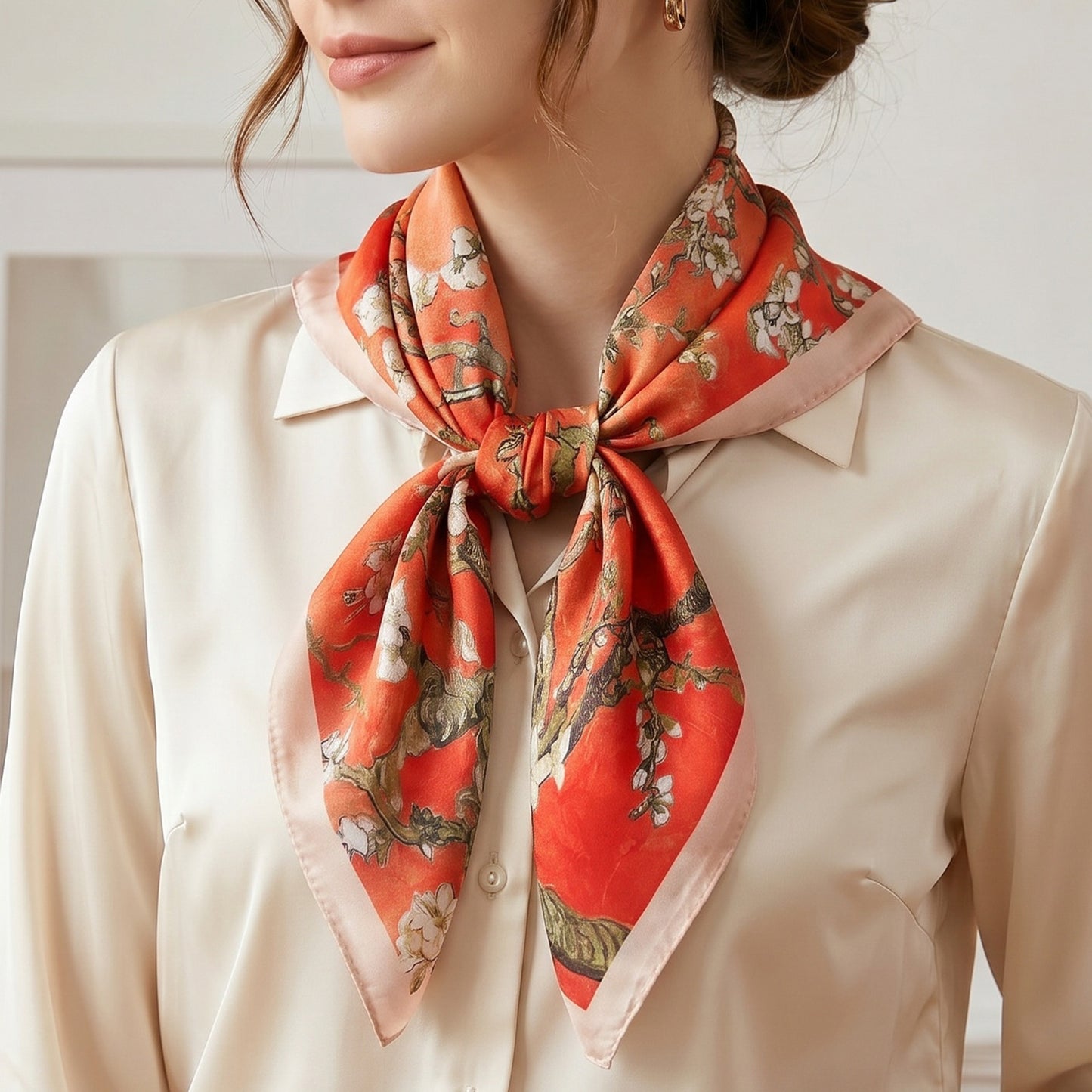 Foulard carré toucher soie Fleur d'Amandier 70x70cm