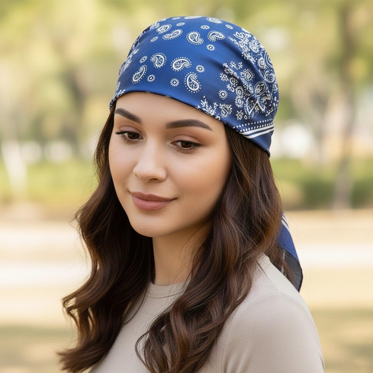 Foulard carré floral effet soie Blue Folk - 70 x 70 cm