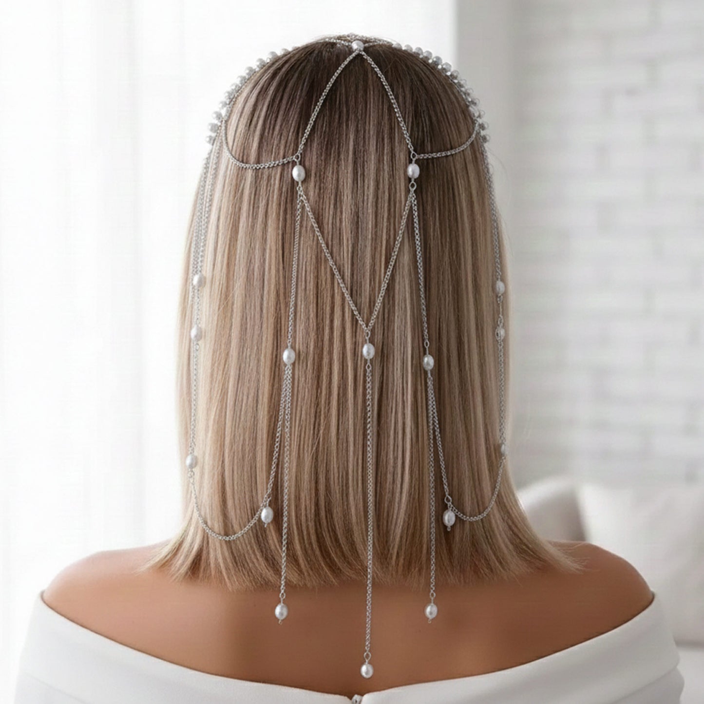 Chaîne de Tête Argenté Bohème Chic avec Cascades de Chaînes et Perles Pampilles