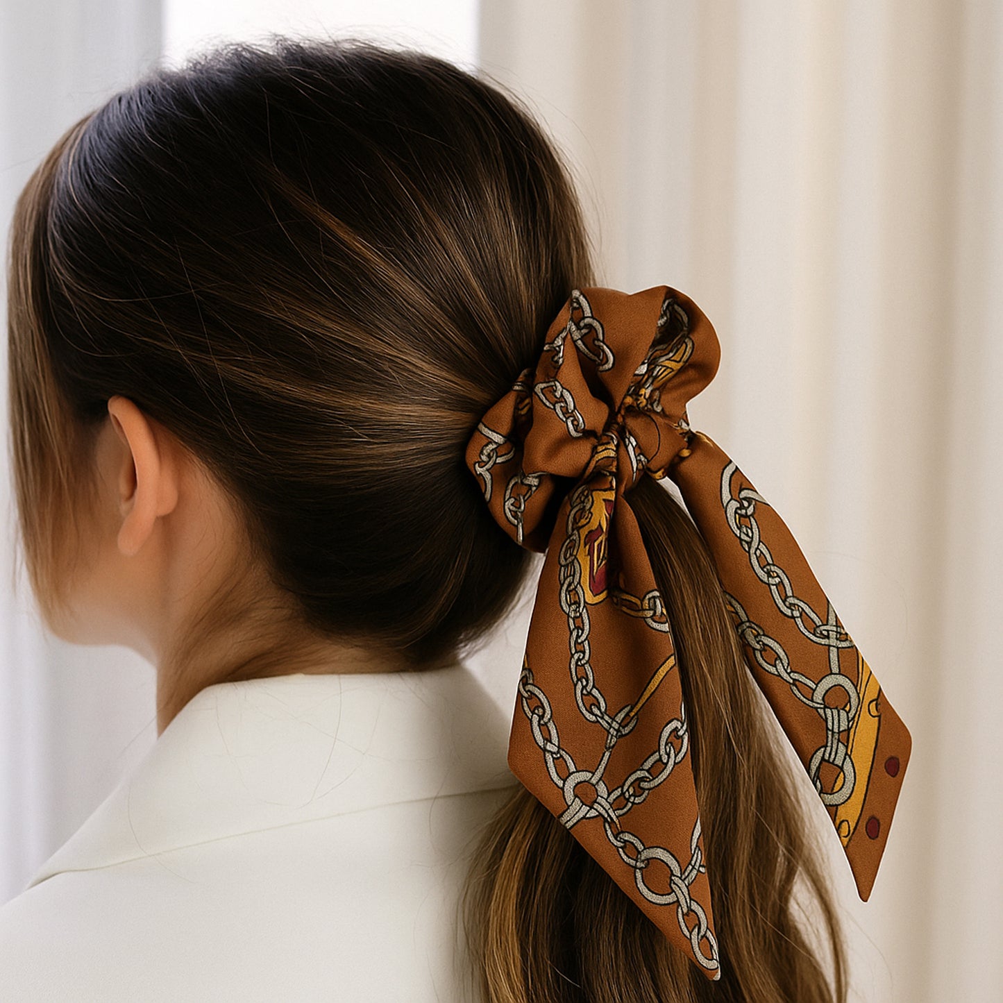 Chouchou Foulard Meredith Imprimé Équestre Marron