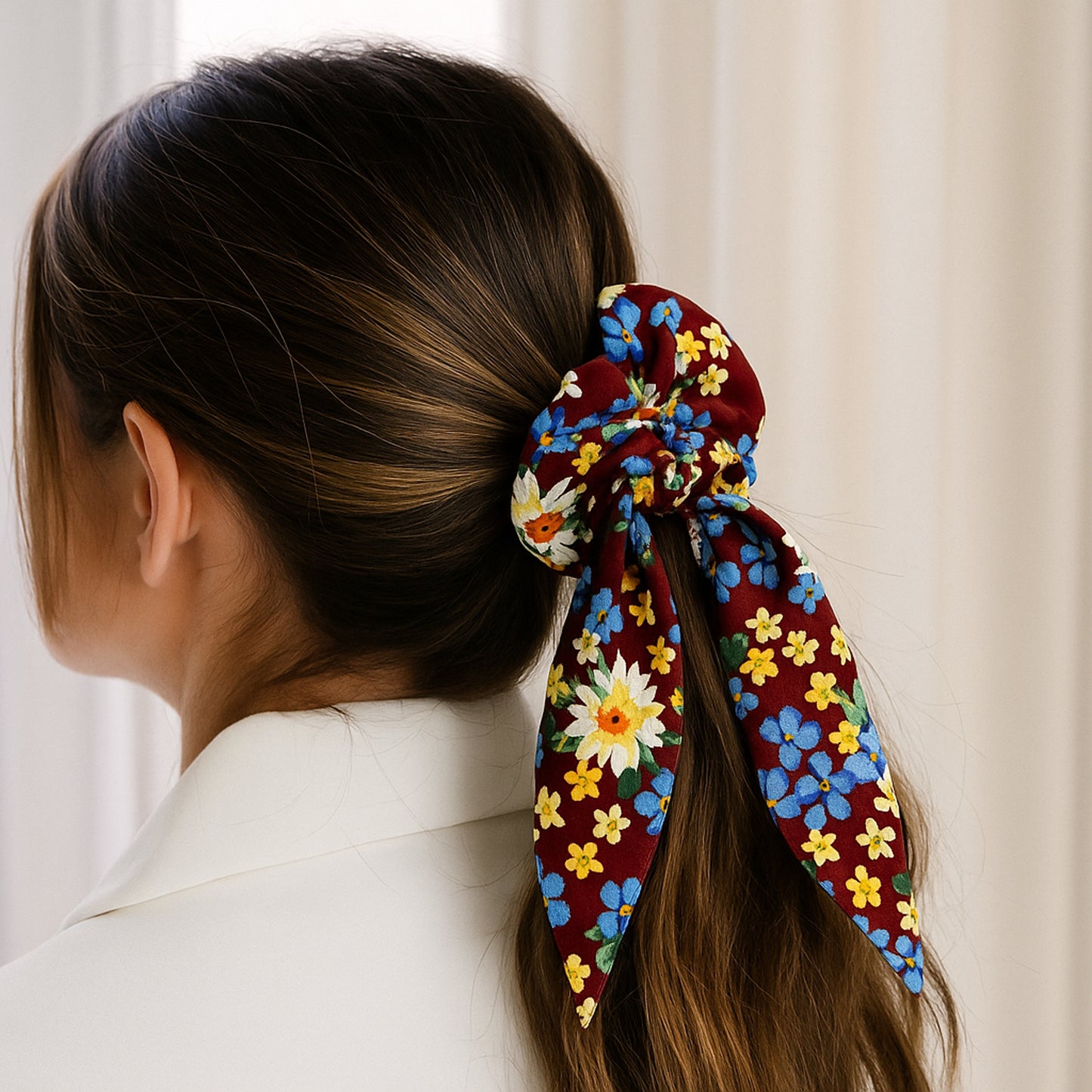 Chouchou Foulard Magnolia Fleuri Liberty Bordeaux