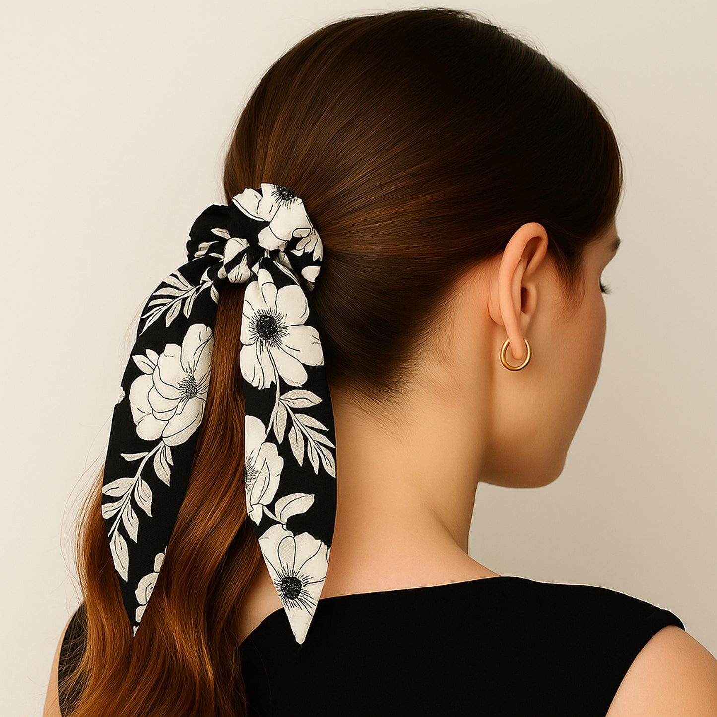 Chouchou Foulard Magnolia Fleuri Oversize Noir