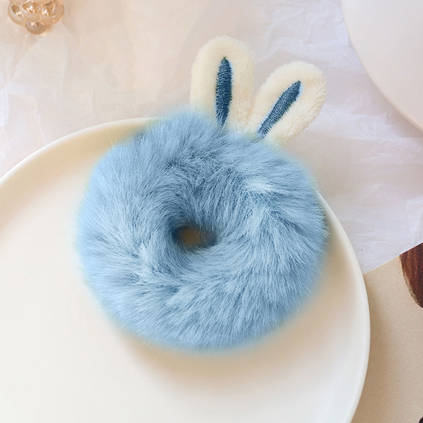 Chouchou Fluffy Oreilles de Lapin Bleu - Collection Mallory