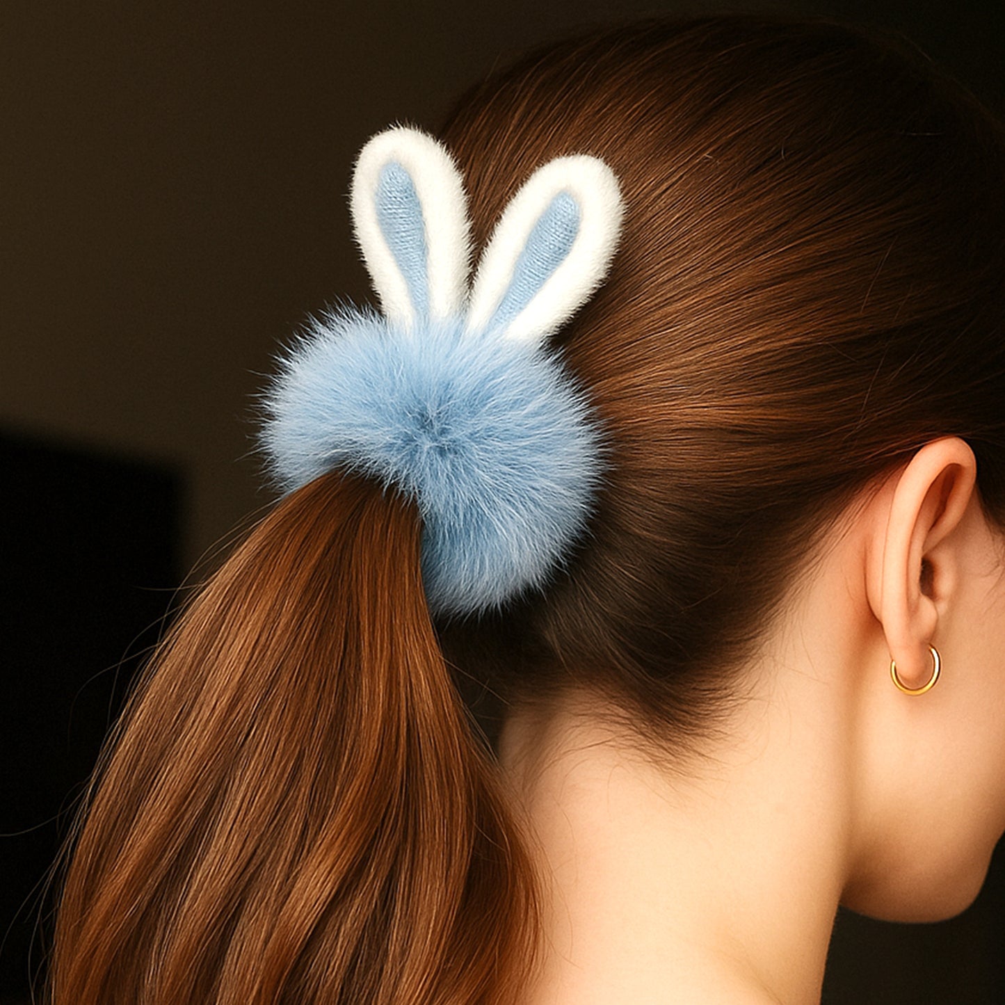 Chouchou Fluffy Oreilles de Lapin Bleu