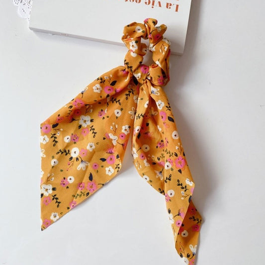 Chouchou Foulard Long pour Cheveux en Satin Fluide Fleuri Jaune