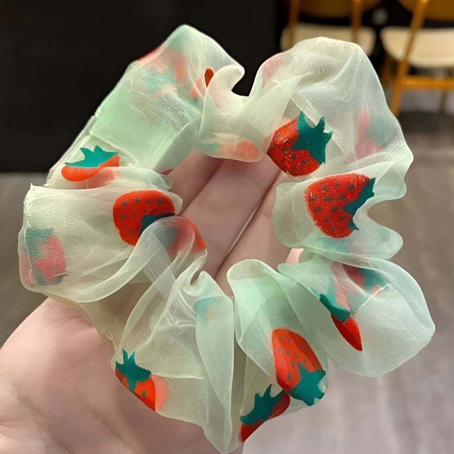 Chouchou Printanier Sweet Berry en Voile Fraise Vert