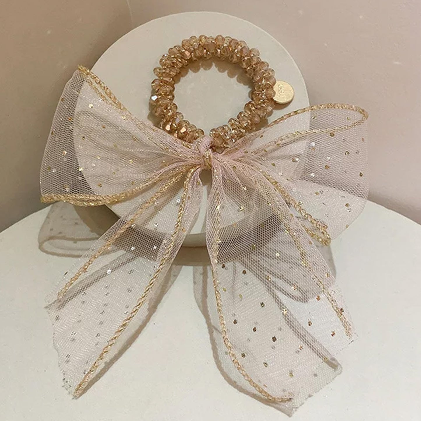 Chouchou en Perles Nœud Impérial - Beige Champagne & Cercle Rose