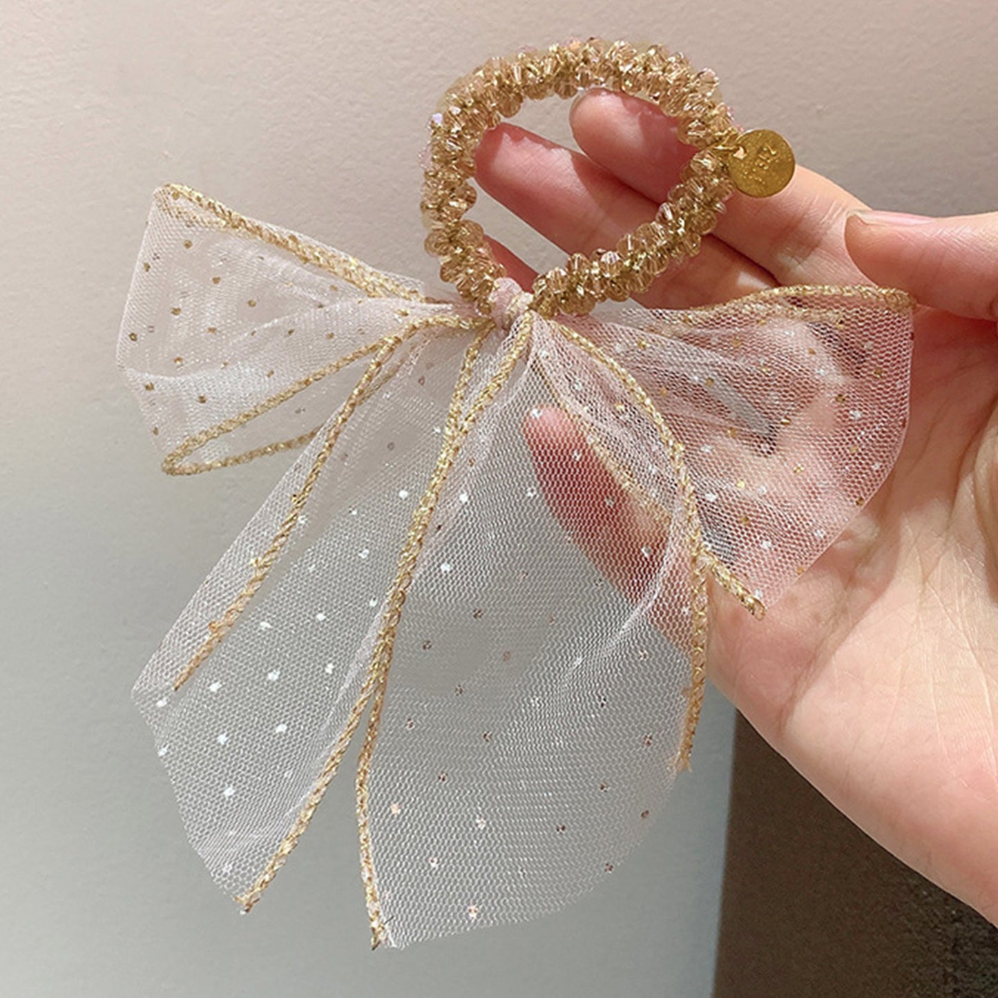 Chouchou en Perles Nœud Impérial - Beige Champagne & Cercle Rose