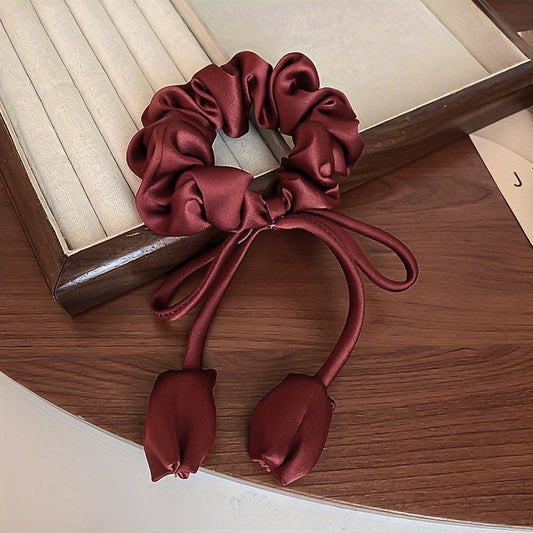 Chouchou Classique pour Cheveux en Satin à Fleurs Tombantes Glamour Bordeaux