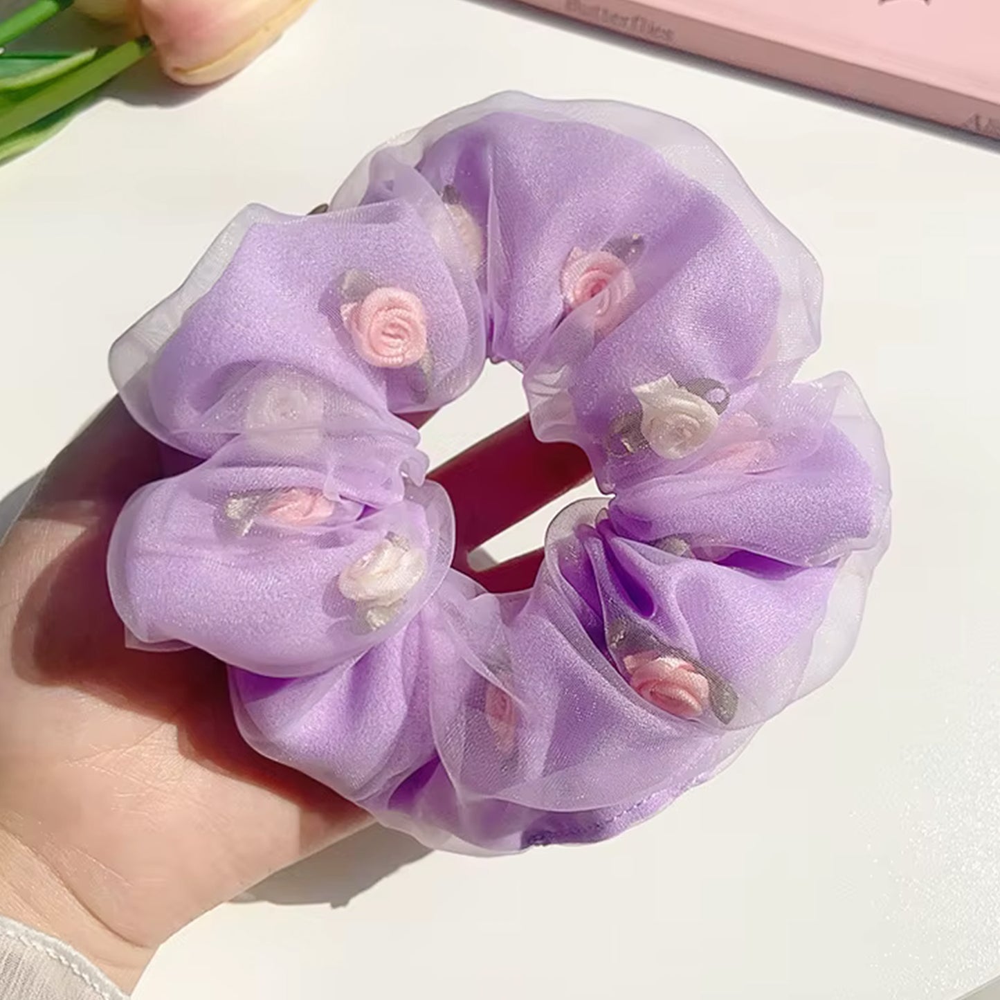 Chouchou Double Épaisseur Fleuri Rosée Mauve