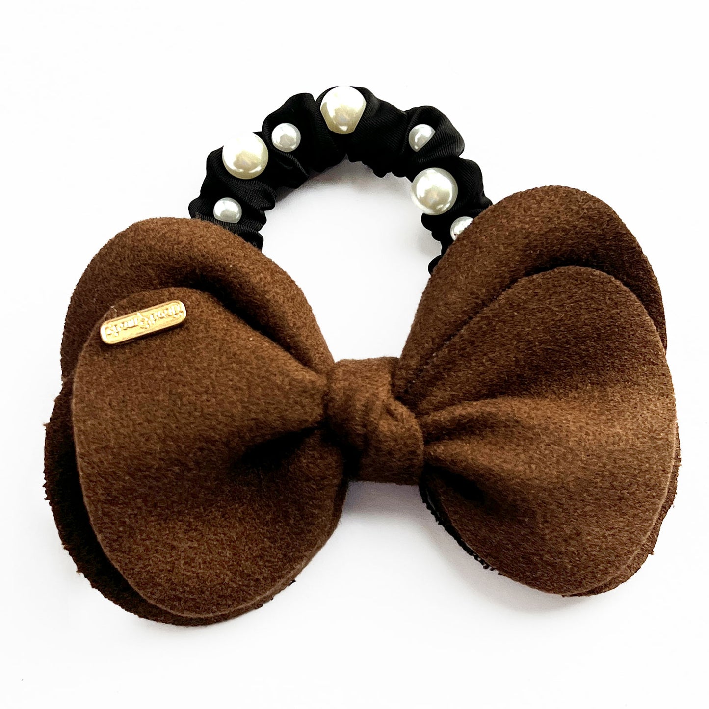 Chouchou en Satin à Nœud et Perles Carmeline Marron