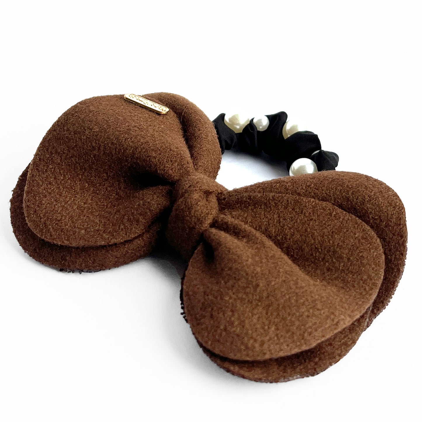 Chouchou en Satin à Nœud & Perles Marron - Collection Carmeline