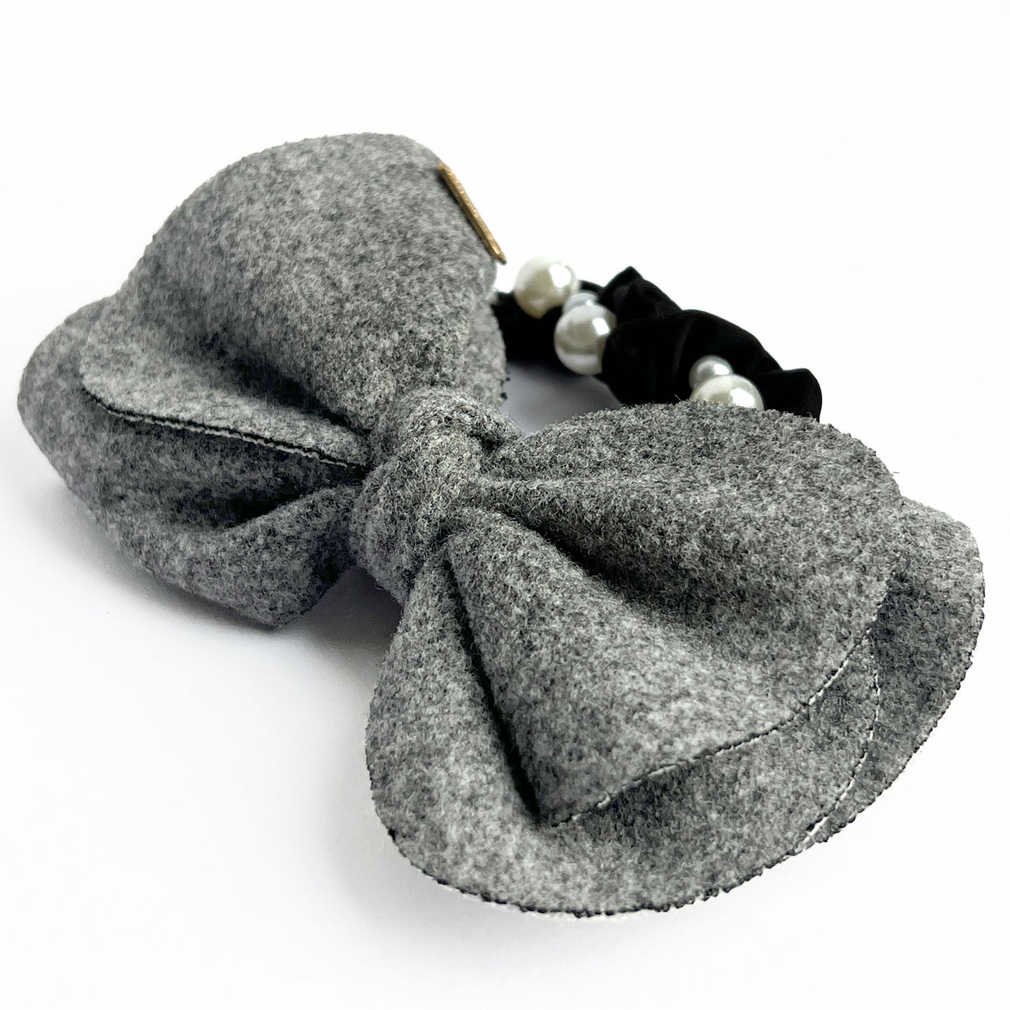 Chouchou en Satin à Nœud & Perles Gris - Collection Carmeline