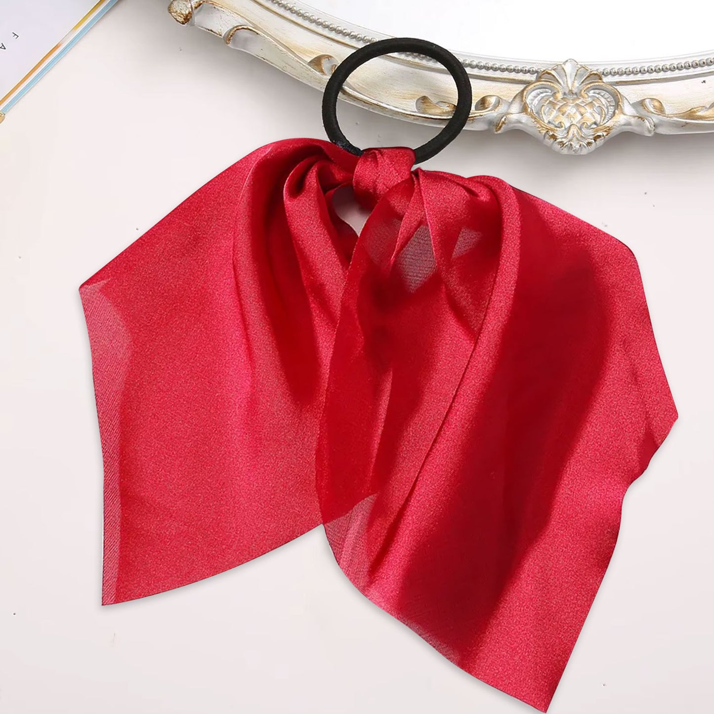 Élastique Foulard pour Cheveux à Ruban en Satin Uni Rouge
