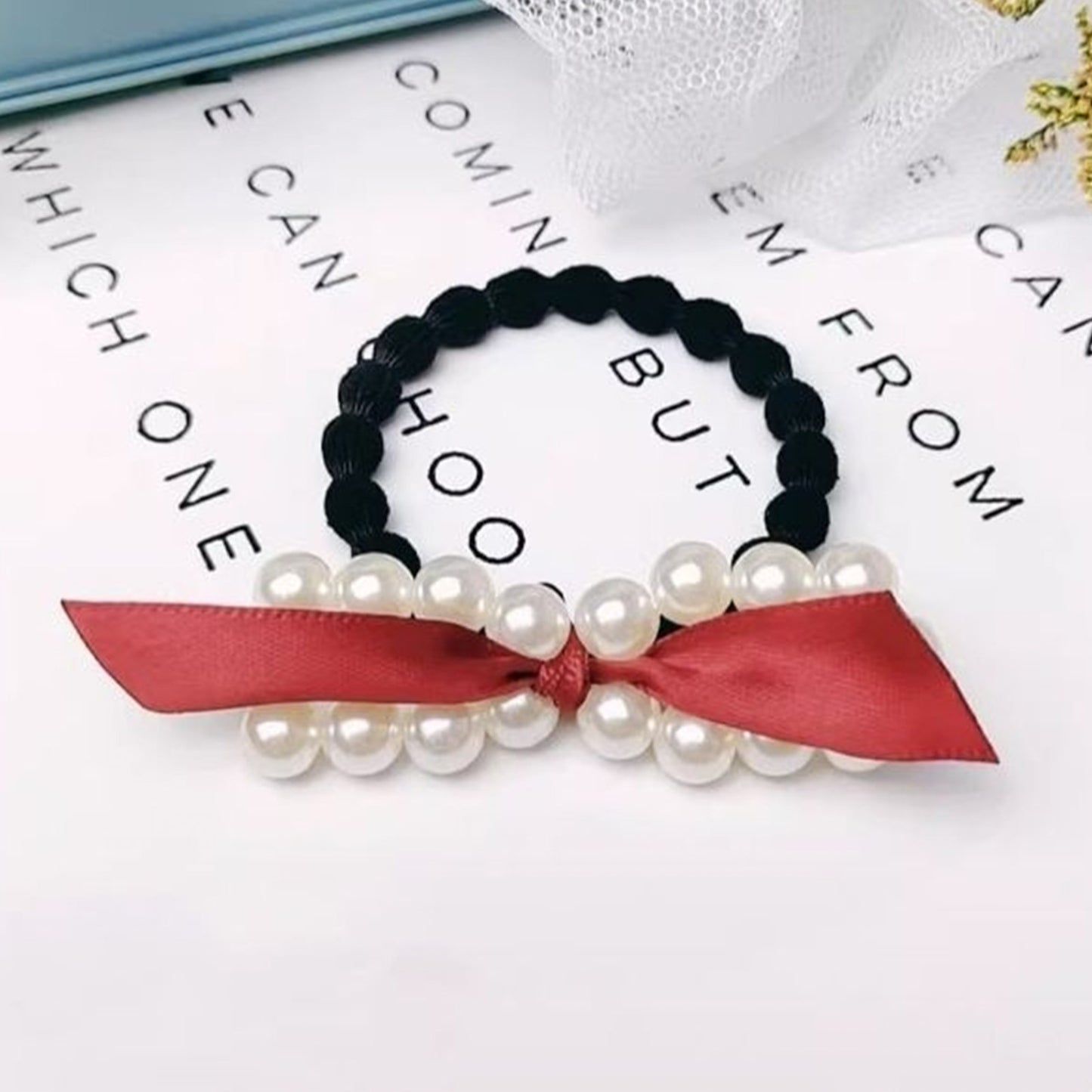 Élastique Tendance pour Cheveux à Nœud en Satin Perlé Subtil Rouge