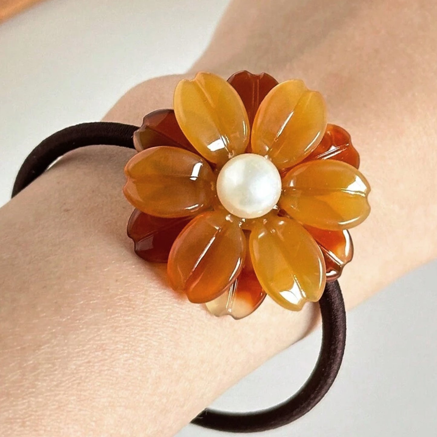 Élastique Casual pour Cheveux à Fleur Cristalline Perlé Délicat Marron
