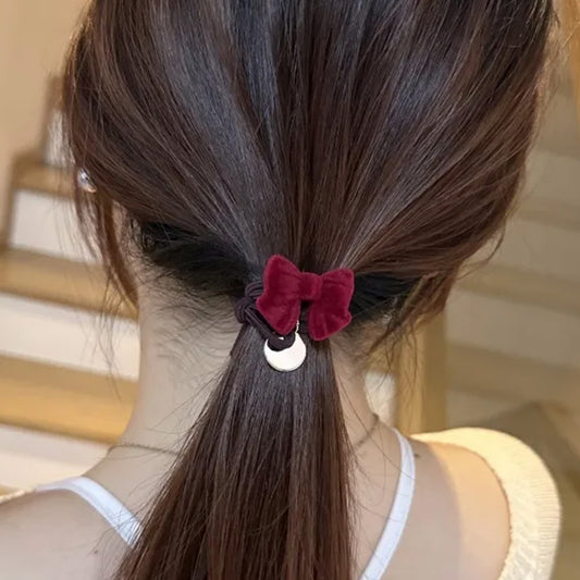 Élastique Casual pour Cheveux à Médaillon et Nœud en Velours Bordeaux