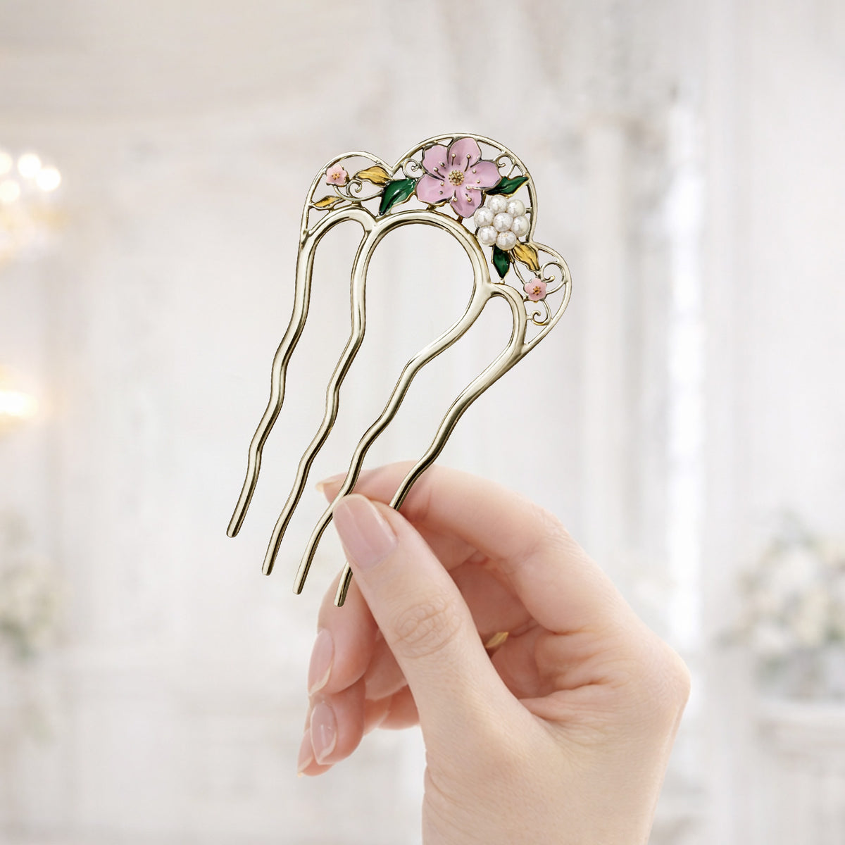 Peigne à Chignon Argenté Rosée Fleurie Style Japonais