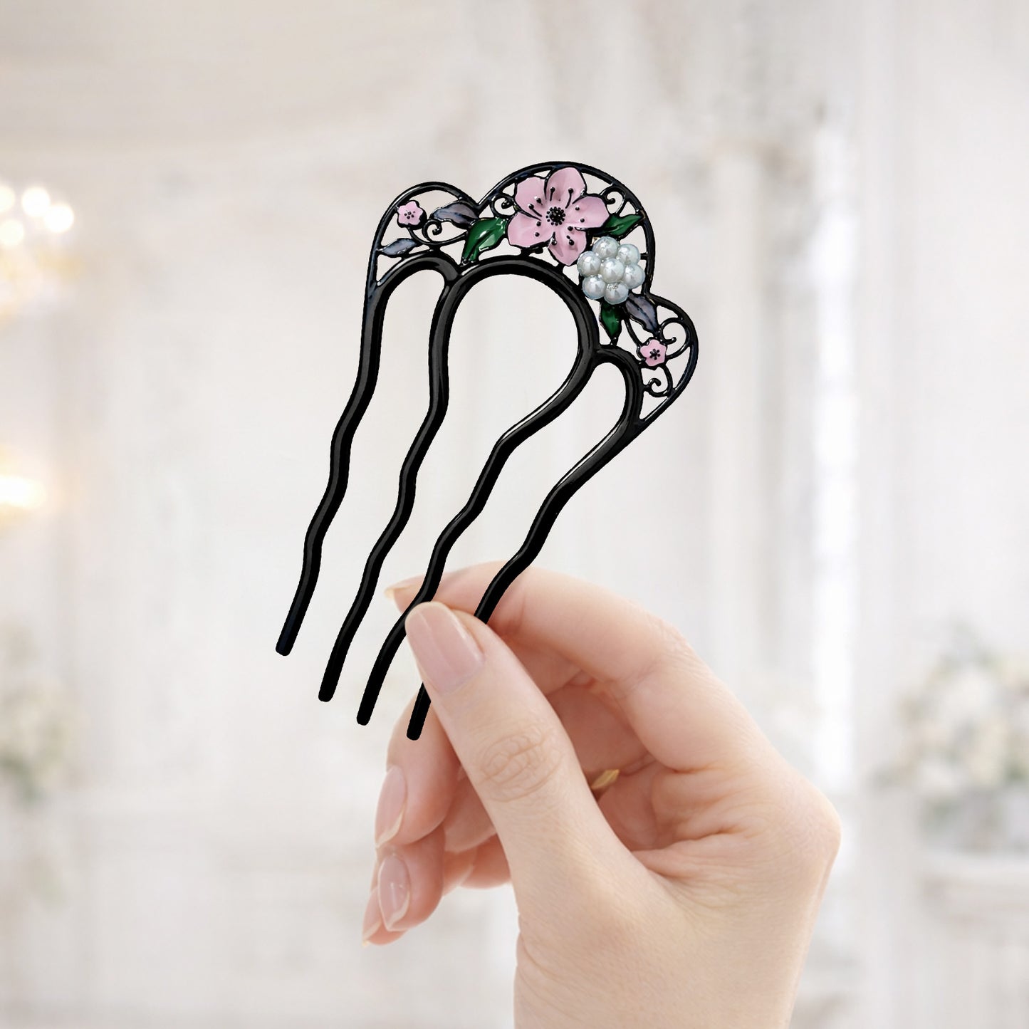 Peigne à Chignon Noir Rosée Fleurie Style Japonais