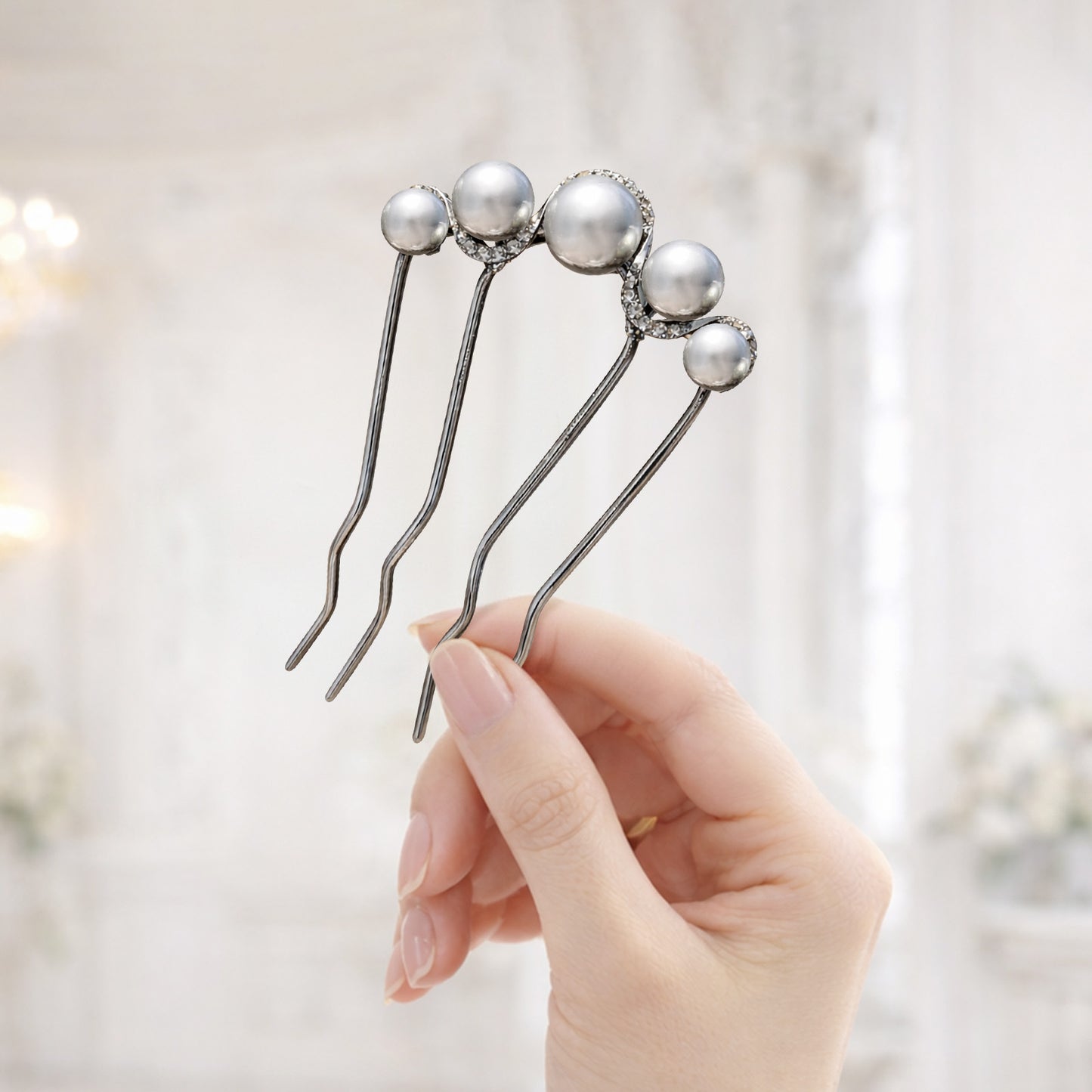 Peigne à Chignon Noir Glossy à Perles Ivoire Style Coréen