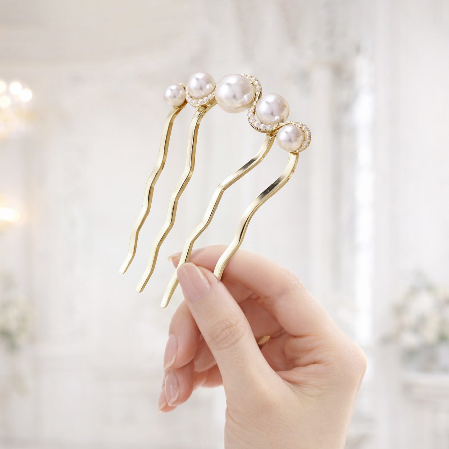 Peigne à Chignon Doré Glossy à Perles Ivoire Style Coréen