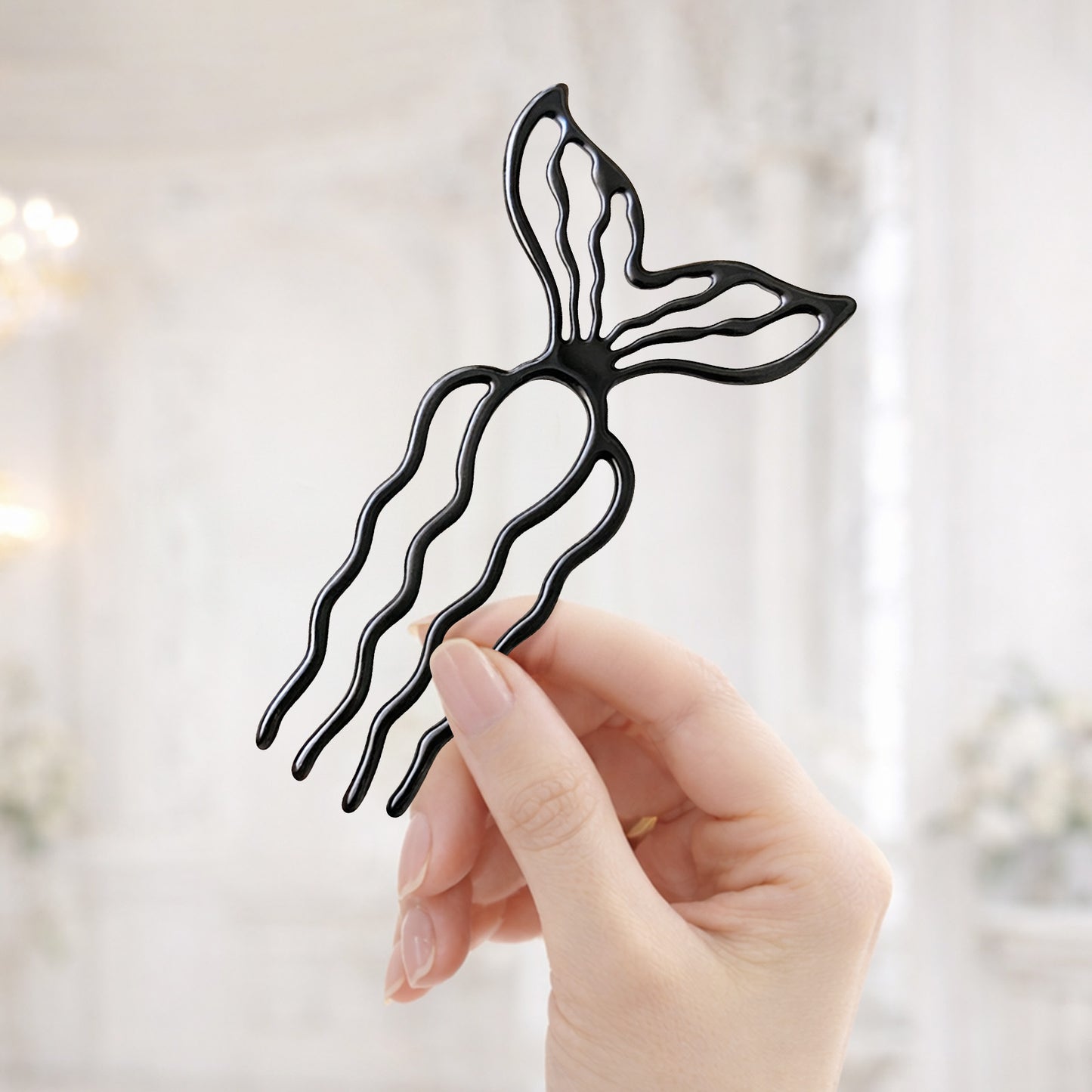 Peigne à Chignon Noir Papillon aux Ailes Ondulées Style Coréen