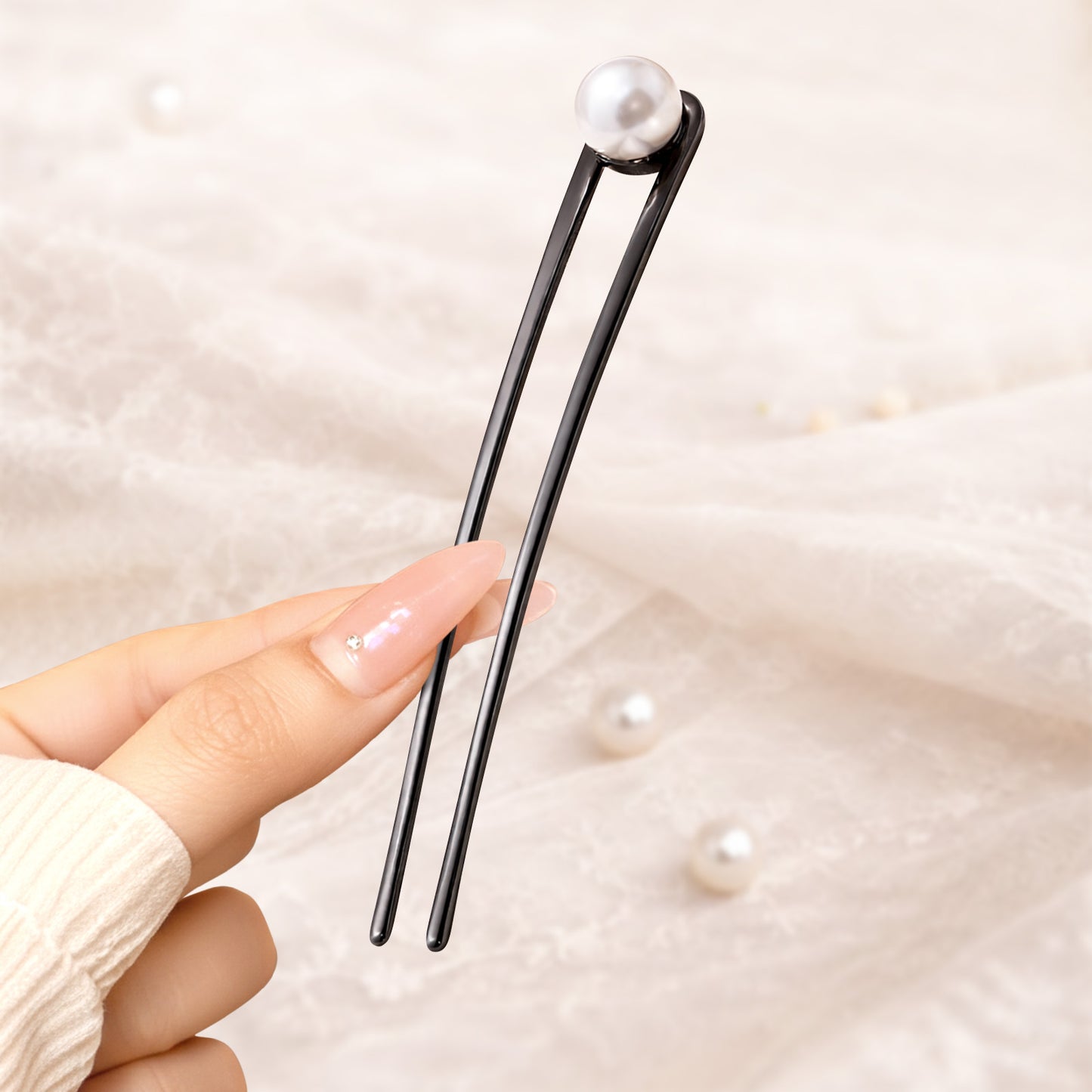 Épingle à Chignon Noire Éclat Nacré avec Perle Style Chinois