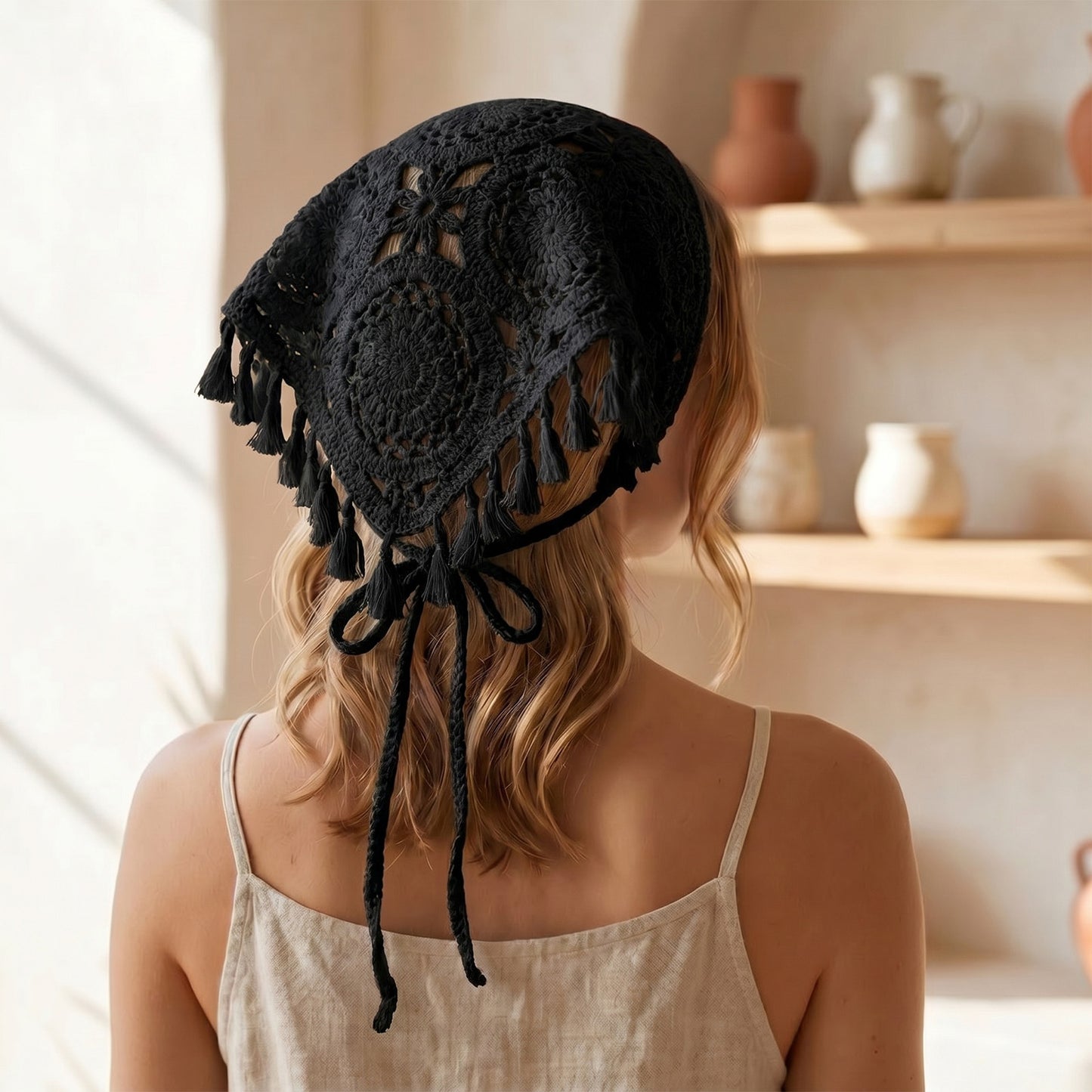 Bandana Crochet Calypso à Franges Noir