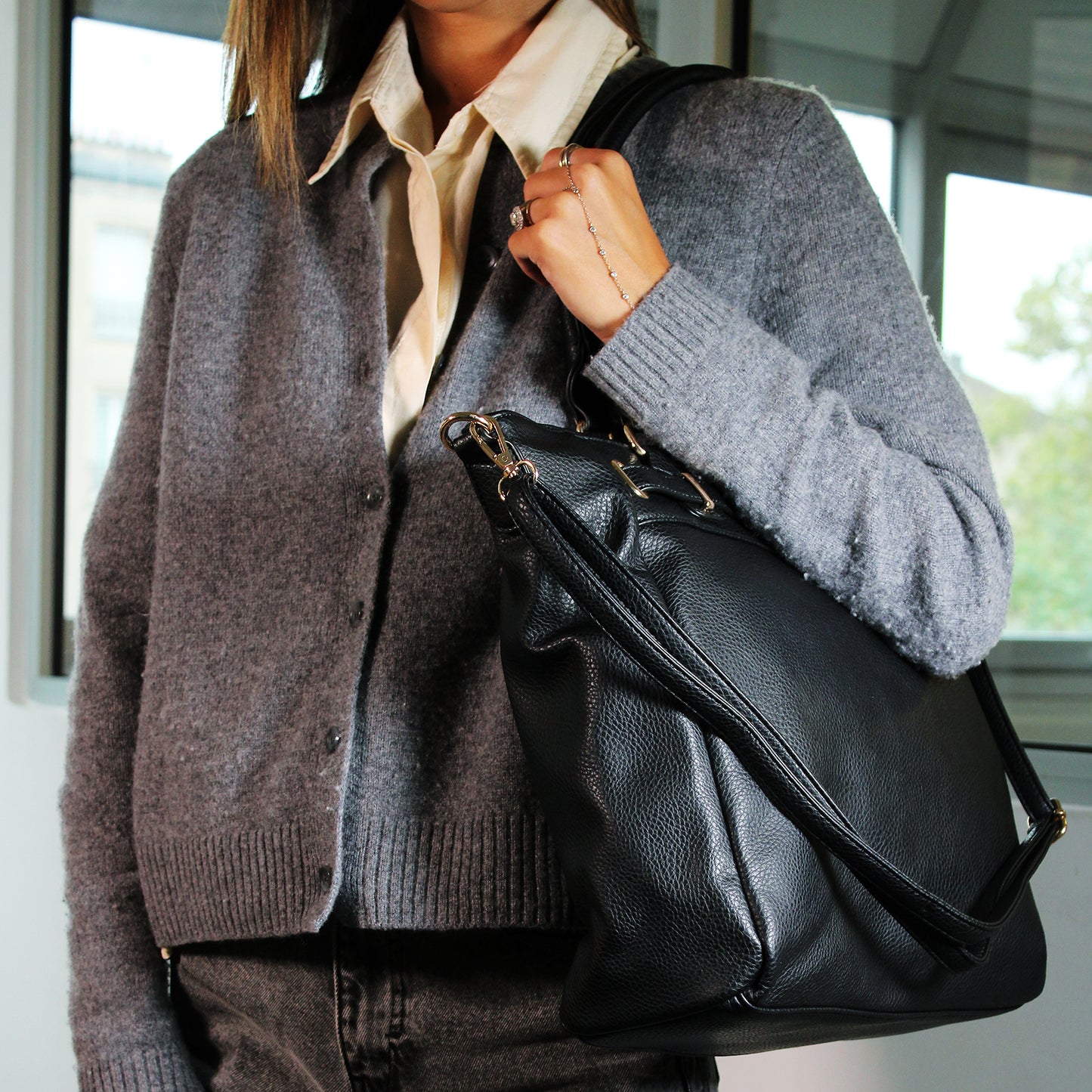 Sac à Main Cabas en Similicuir à Bandoulière Catharine Noir
