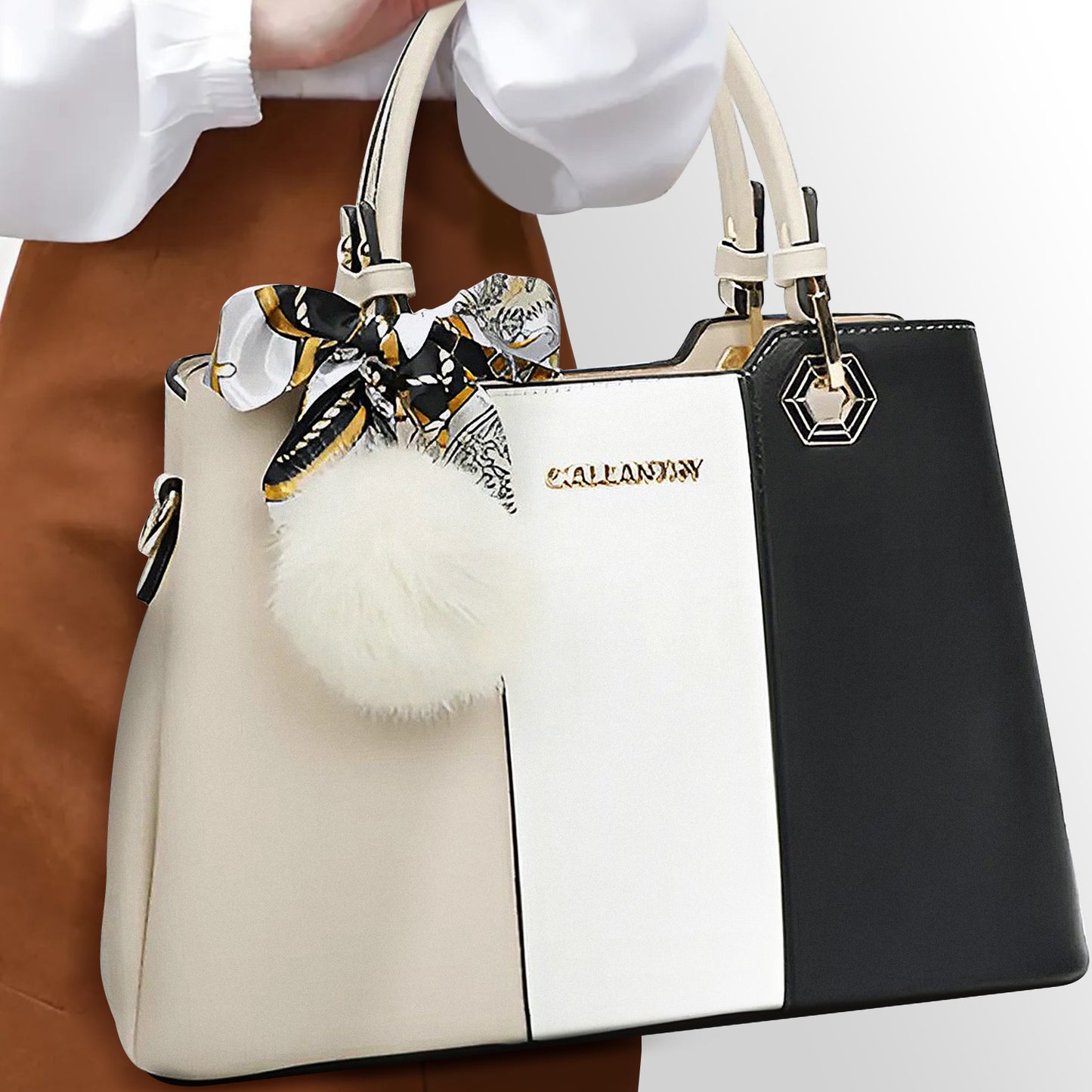 Sac Fourre-Tout Trois Teintes à Pompon La Nuance Beige-Blanc