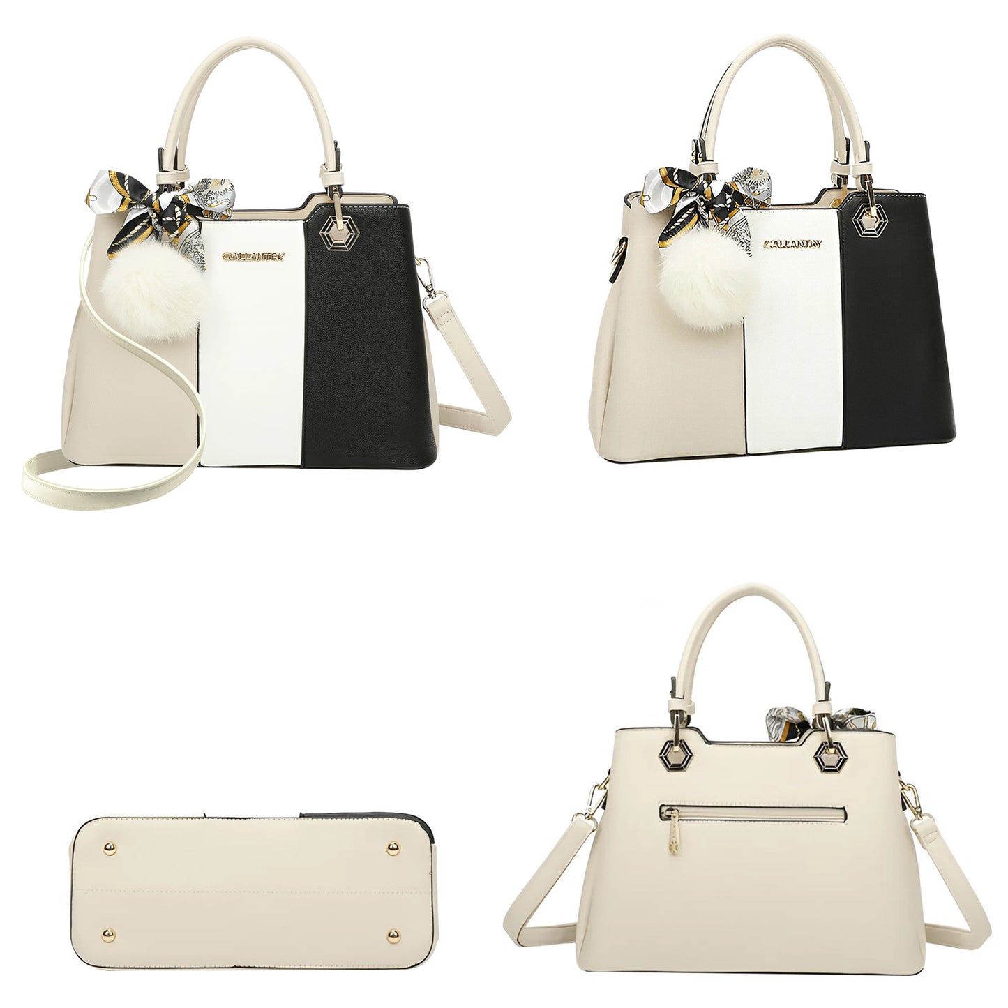 Sac Fourre-Tout Trois Teintes à Pompon La Nuance Beige-Blanc