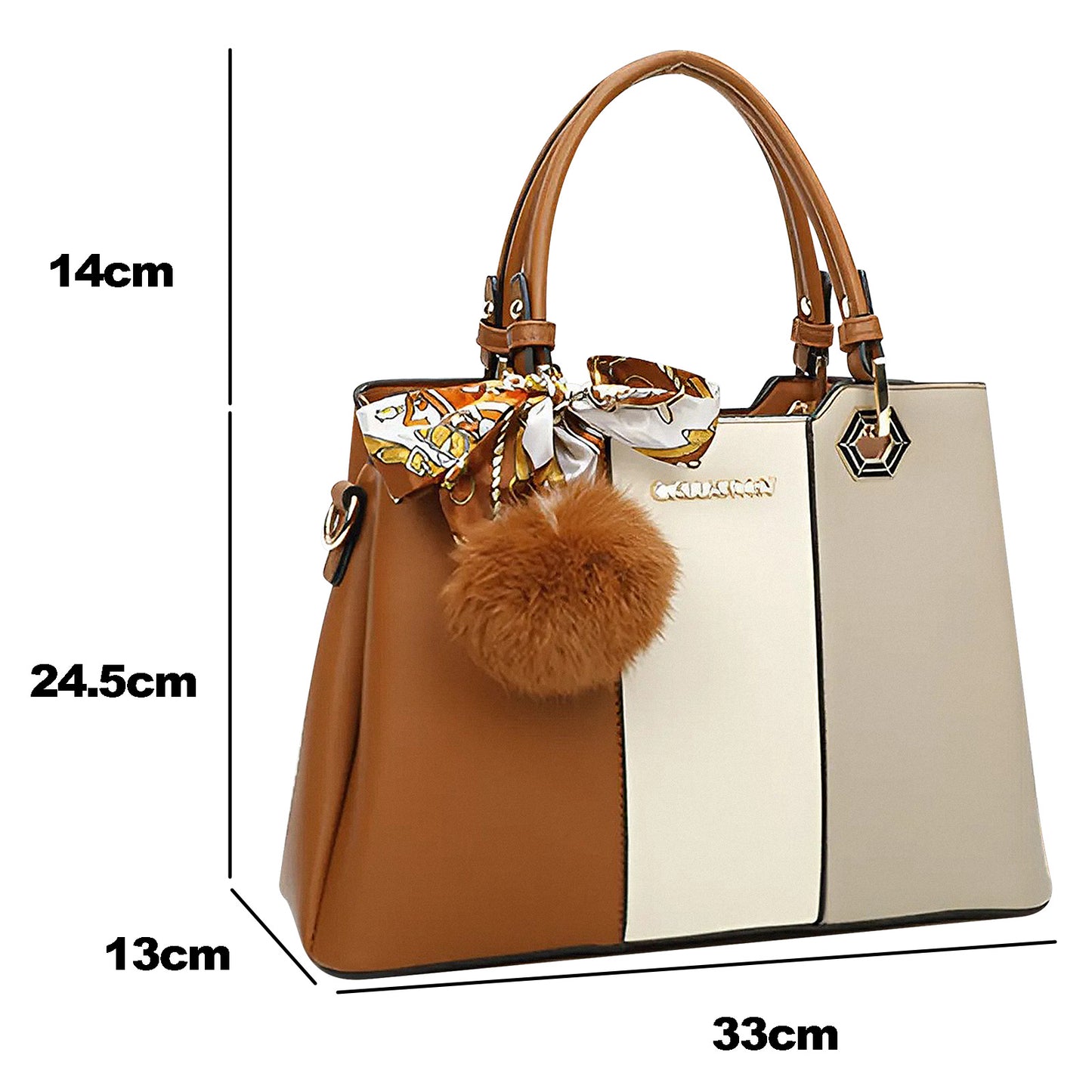 Sac Fourre-Tout Trois Teintes à Pompon La Nuance Marron-Beige