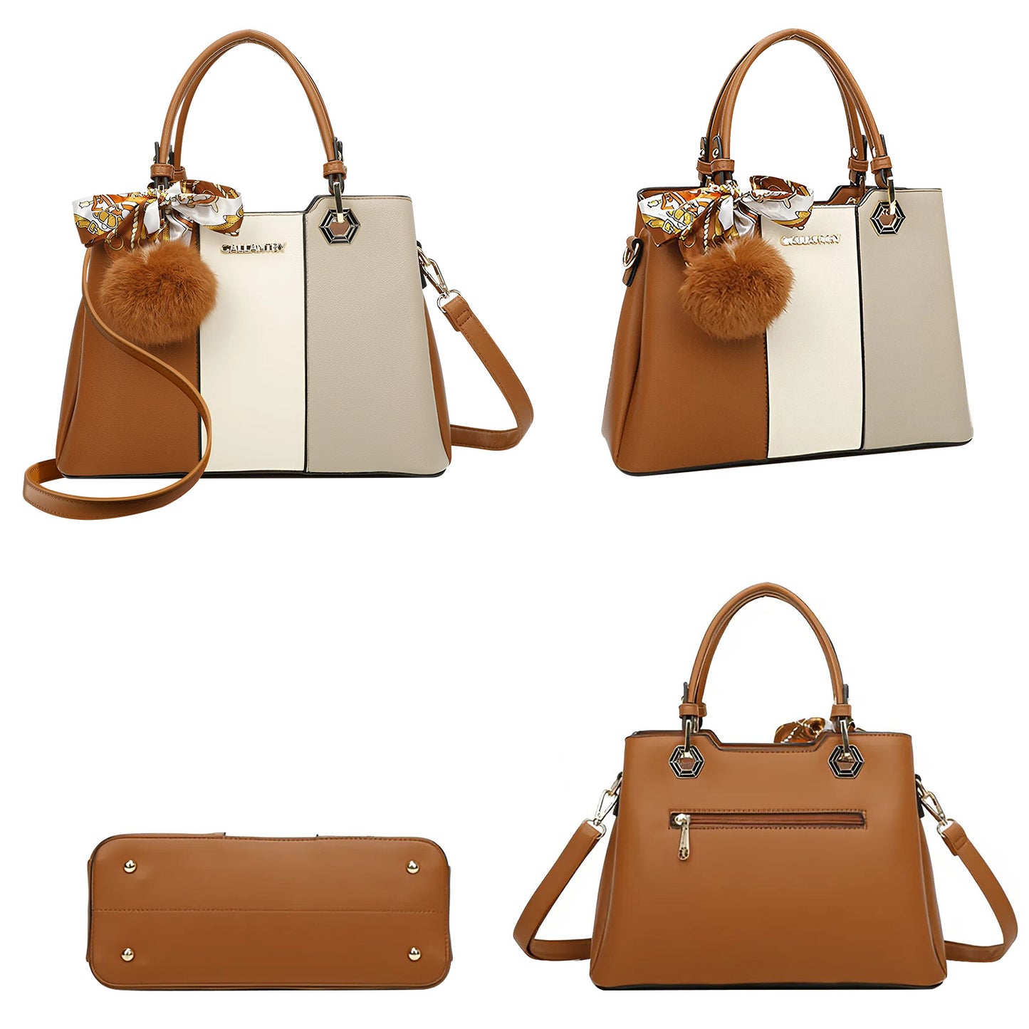 Sac Fourre-Tout Trois Teintes à Pompon La Nuance Marron-Beige