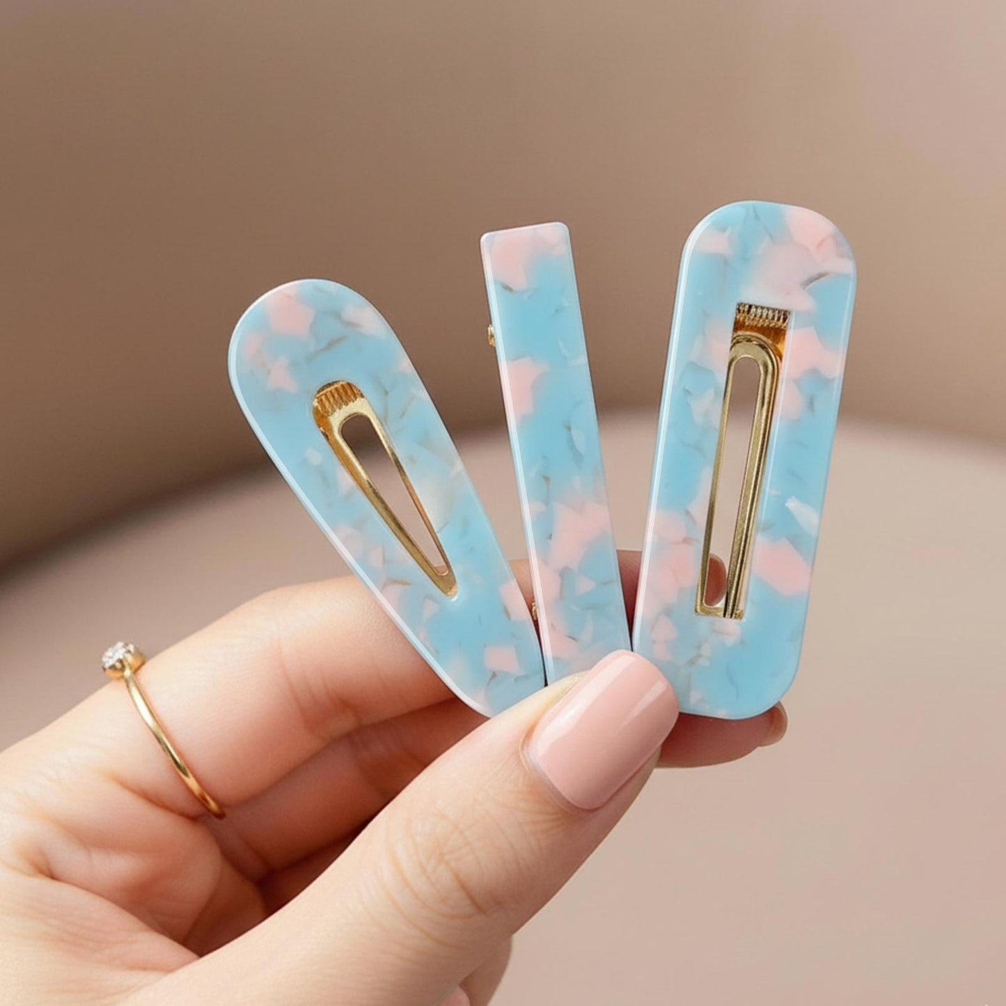 Lot de 3 Pinces Plates Azur en Résine Marbrée