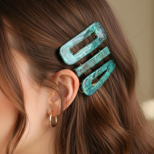 Lot de 3 Pinces Plates Émeraude en Résine Marbrée