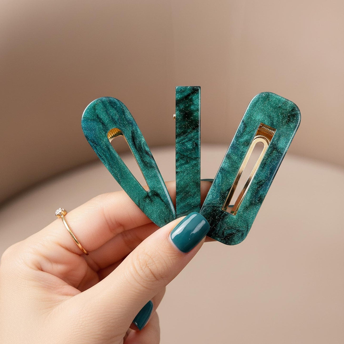 Lot de 3 Pinces Plates Émeraude en Résine Marbrée