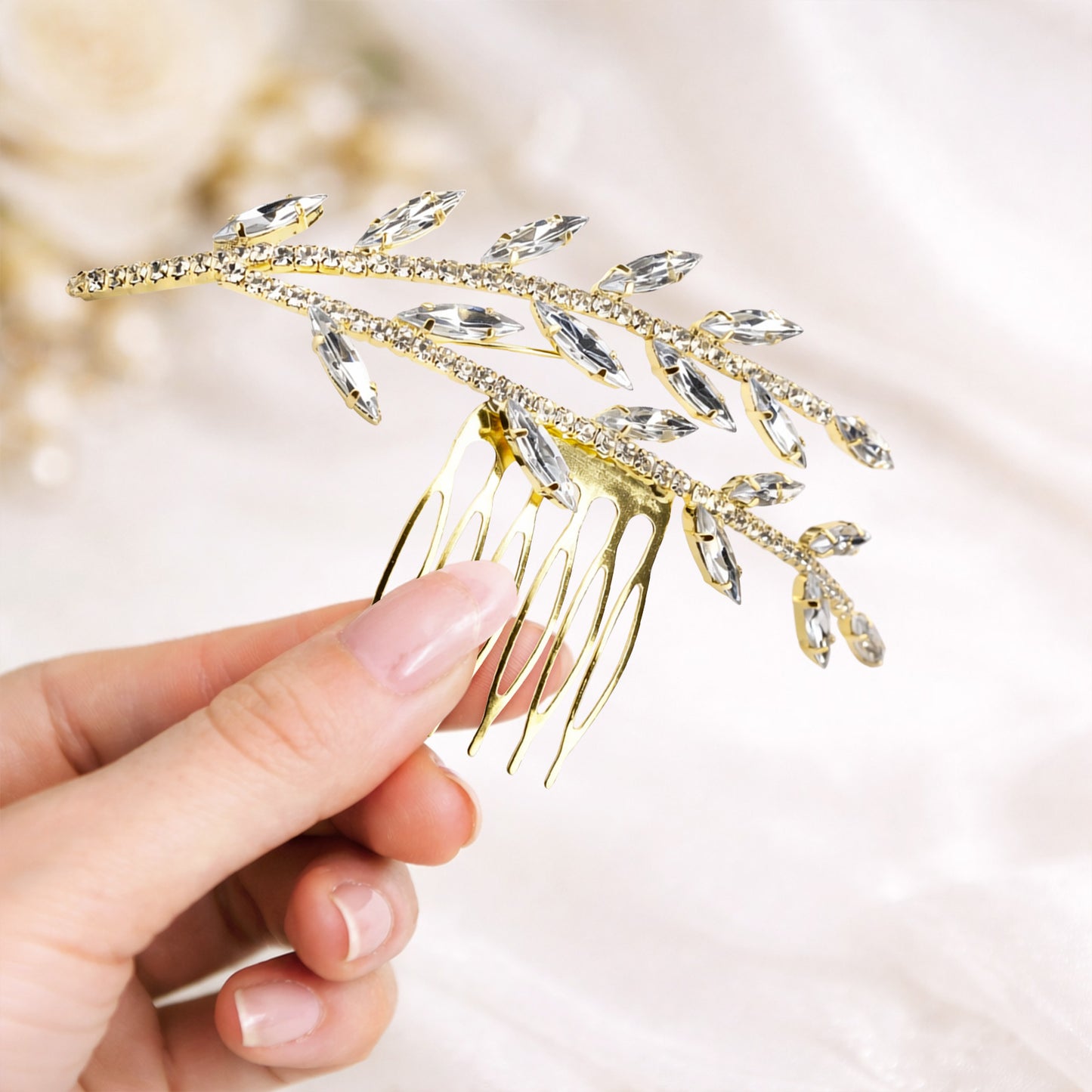 Broche Cheveux Rosée Dorée Feuille de Vigne Cristal