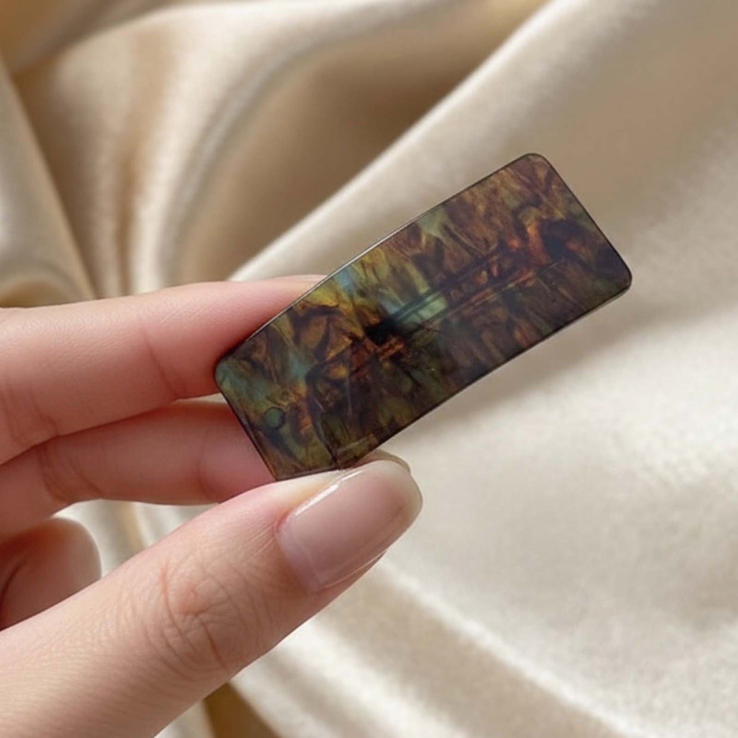 Barrette Clip Rectangle Glossy Chic Ambre Brun Marbré