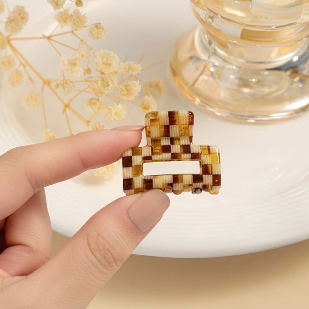 Mini Pince Cheveux Crocro Vintage à Carreaux Caramel