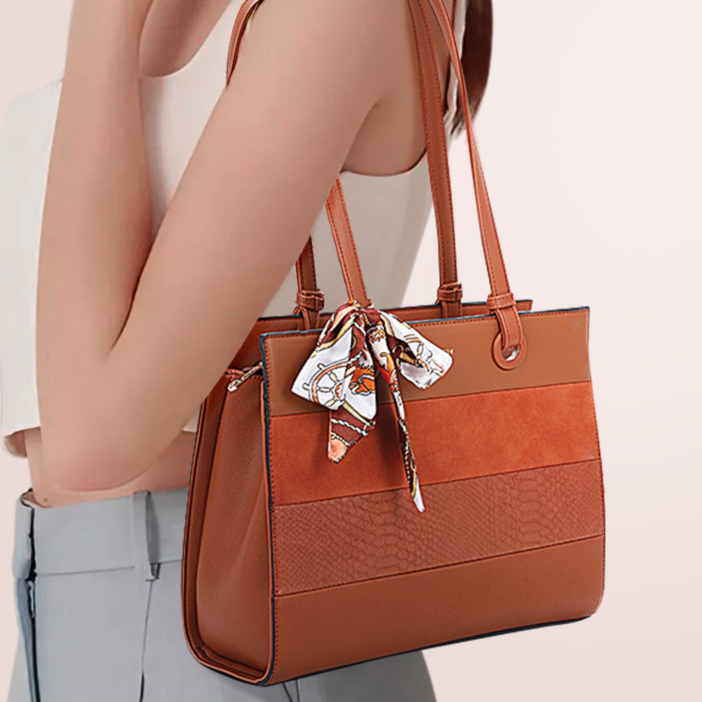 Sac Cabas Multi-Textures à Foulard Jocasta Marron Clair