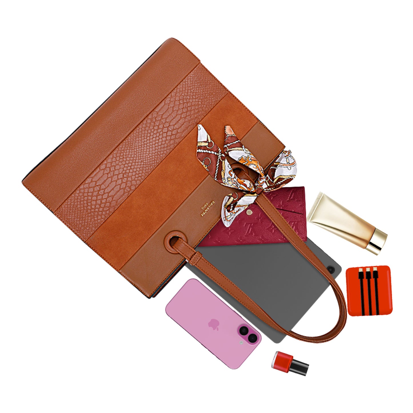 Sac Cabas Multi-Textures à Foulard Jocasta Marron Clair