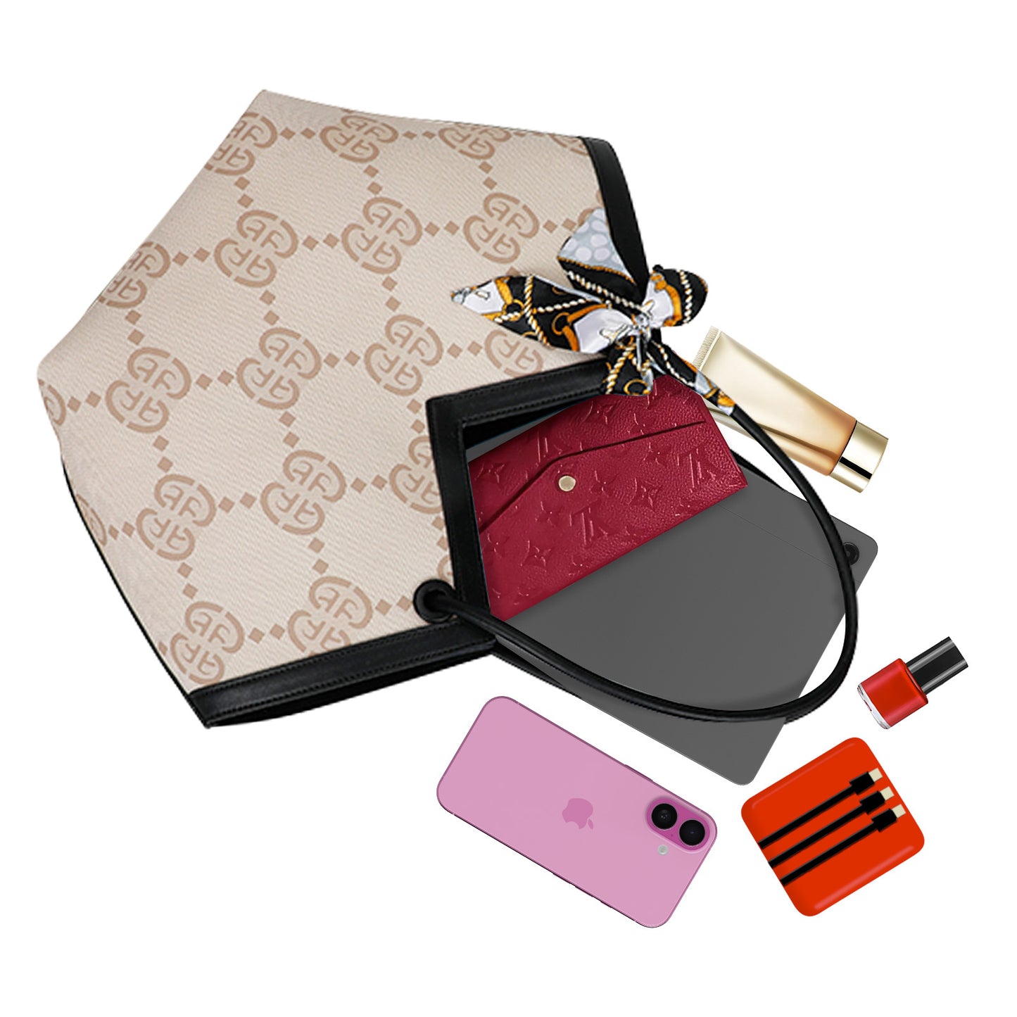 Sac à Main Imprimé Monogramme à Foulard Peyton Beige