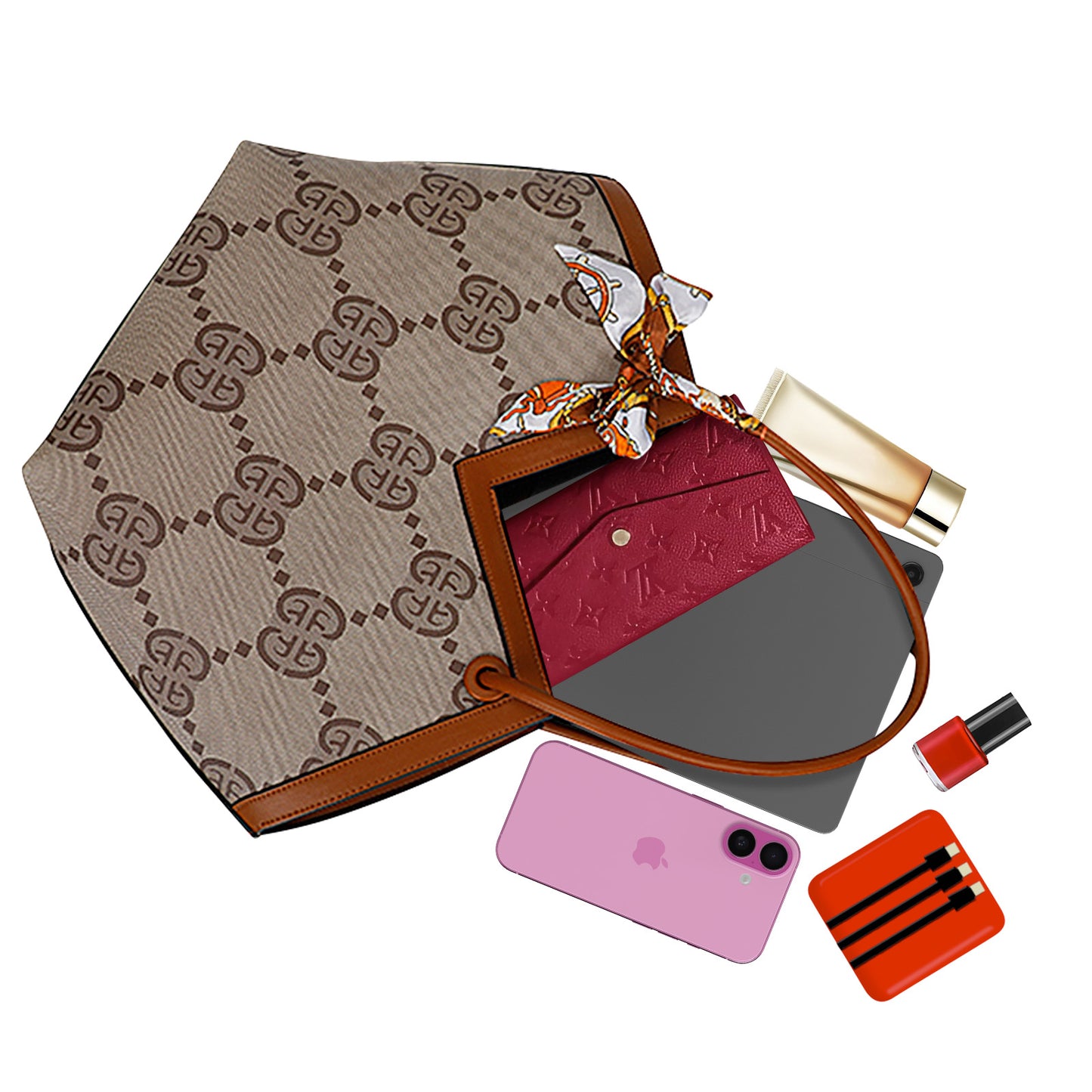 Sac à Main Imprimé Monogramme à Foulard Peyton Marron