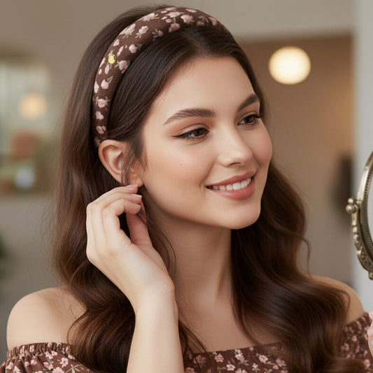 Serre-tête Large Calissa en Tissu Fleuri Marron