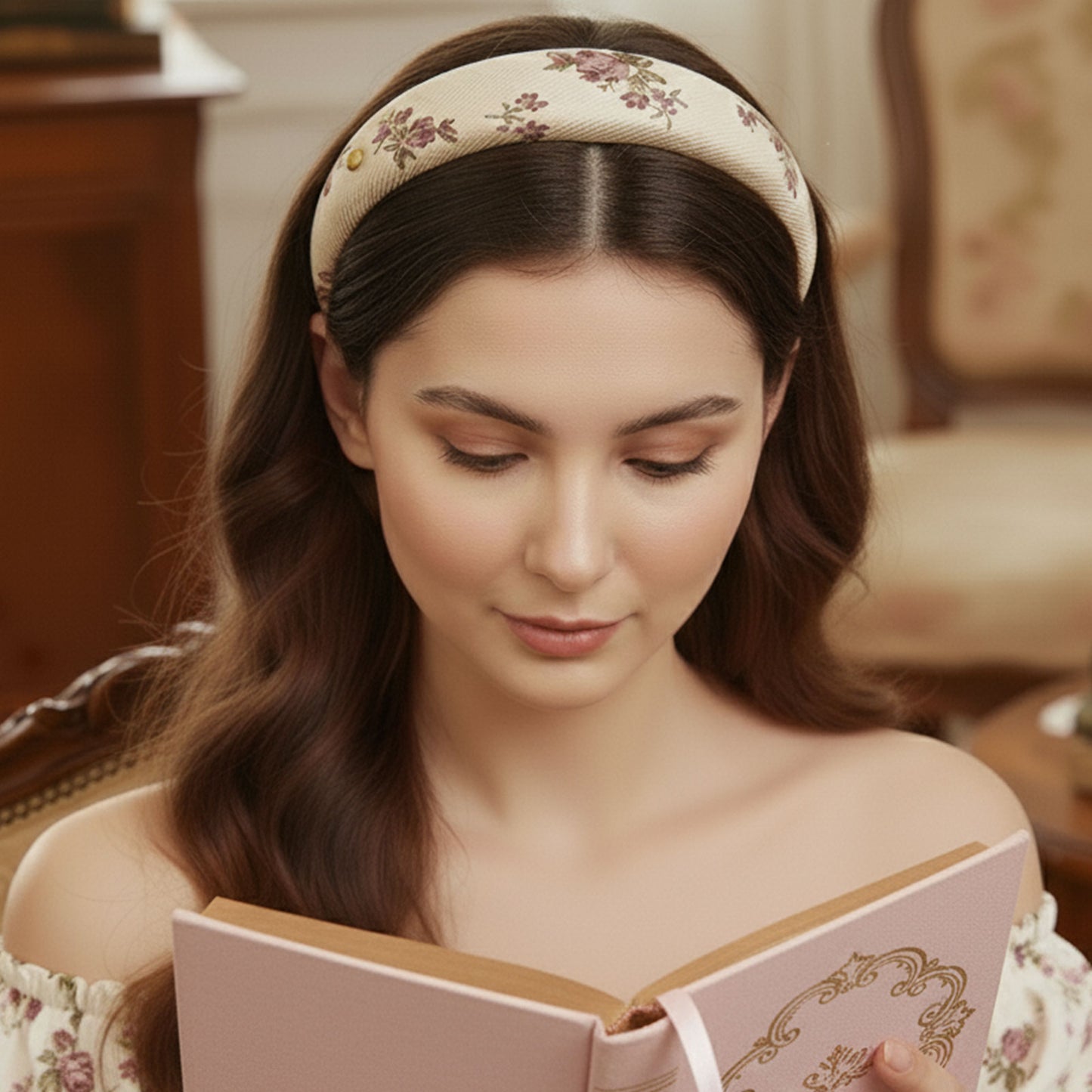 Serre-tête Large Calissa en Tissu Fleuri Crème