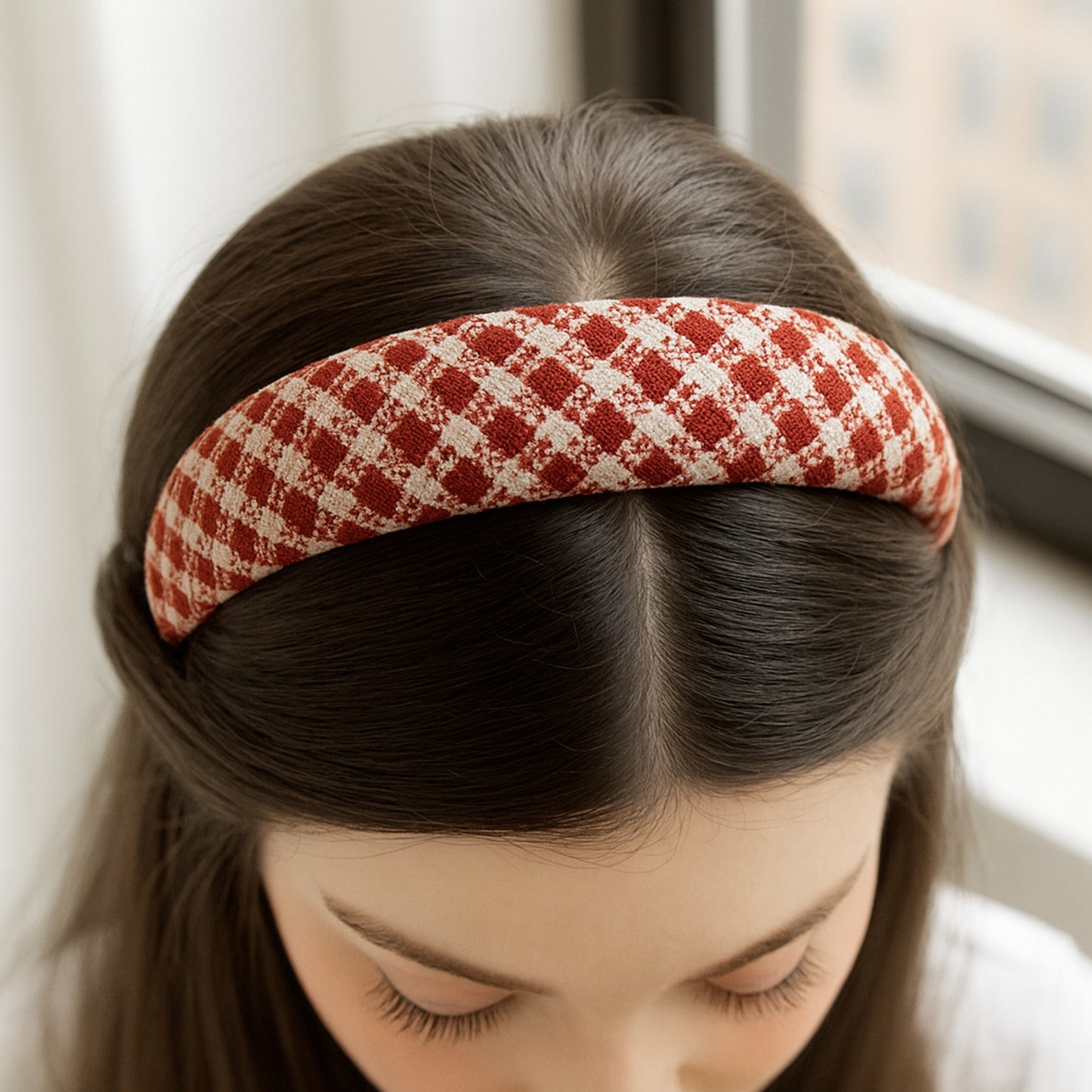 Serre-tête Large Vintage Grid Maisy Rouge Brique