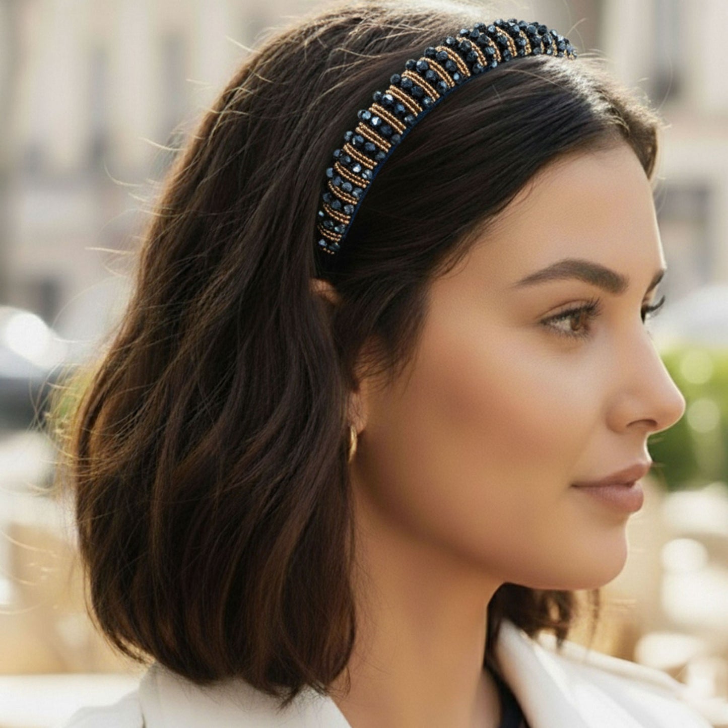 Serre-tête bleu doré tissu carreaux avec perles decoratives