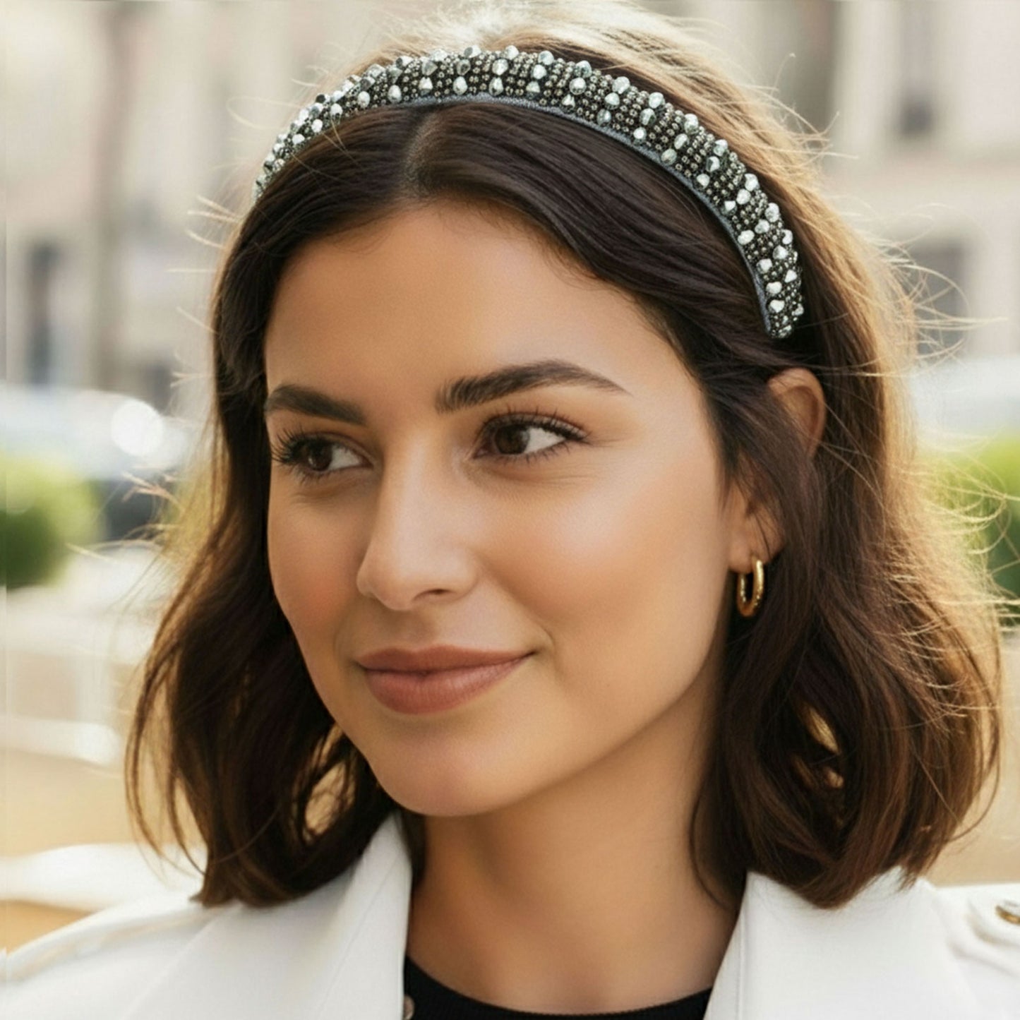 Serre-tête argenté tissu carreaux avec perles decoratives